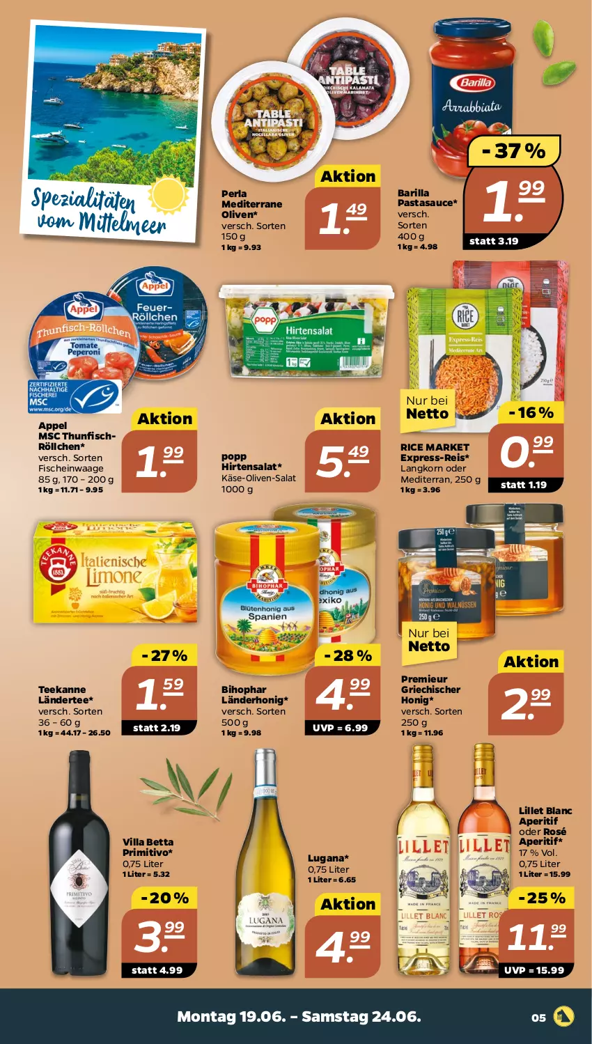 Aktueller Prospekt Netto - Woche 25 - von 19.06 bis 24.06.2023 - strona 5 - produkty: aperitif, barilla, bett, bihophar, eis, express-reis, fisch, fische, honig, Käse, korn, Ländertee, lillet, olive, oliven, pasta, perla, Popp, primitivo, reis, salat, sauce, Spezi, tee, teekanne, thunfisch, Ti, Waage