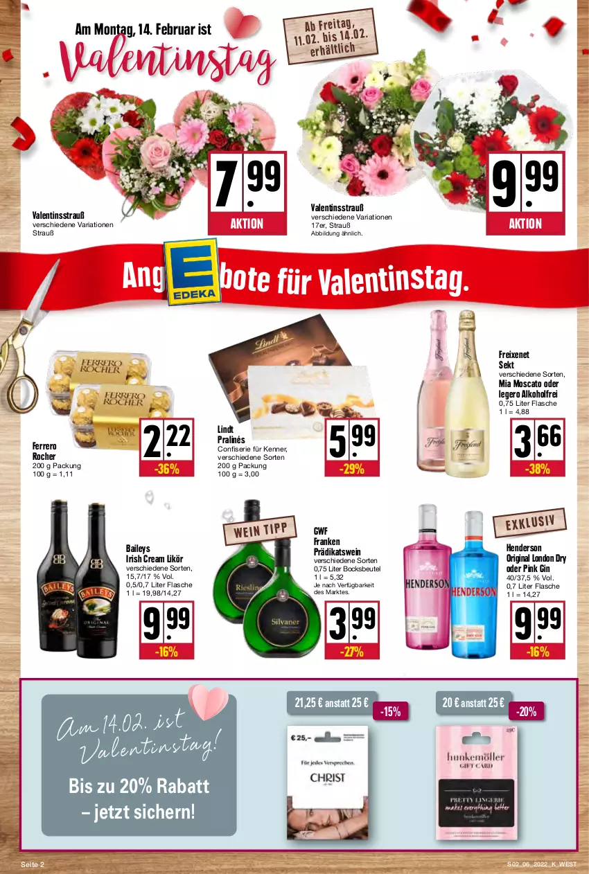 Aktueller Prospekt Kupsch - Angebote der Woche - von 07.02 bis 12.02.2022 - strona 2 - produkty: alkohol, baileys, beutel, enders, ferrero, Ferrero Rocher, flasche, freixenet, gin, irish cream, likör, lindt, london dry, Ria, sekt, Ti, wein