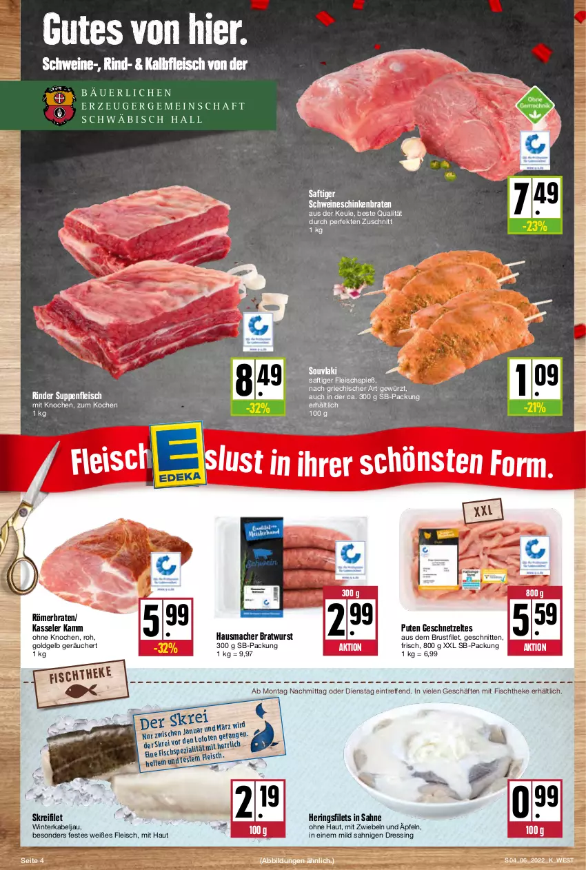 Aktueller Prospekt Kupsch - Angebote der Woche - von 07.02 bis 12.02.2022 - strona 4 - produkty: braten, bratwurst, brustfilet, dressing, eis, filet, filets, fisch, fischtheke, fleisch, geschnetzeltes, gewürz, Hausmacher, hering, Herings, heringsfilets, Kalbfleisch, kasseler, mac, mit zwiebeln, pute, rind, rinder, ring, saft, sahne, schinken, schinkenbraten, schnitten, schwein, schweine, suppe, suppen, suppenfleisch, Ti, wein, weine, wurst, Zelt, zwiebel, zwiebeln