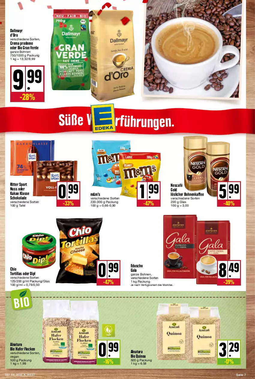 Aktueller Prospekt Kupsch - Angebote der Woche - von 07.02 bis 12.02.2022 - strona 7 - produkty: bio, bohne, bohnen, bohnenkaffee, dallmayr, dip, eduscho, erde, hafer, kaffee, kakao, löslicher bohnenkaffee, natur, natura, Nescafé, nescafé gold, nuss, prodomo, quinoa, ritter, ritter sport, schoko, schokolade, Sport, Ti, tortilla, tortillas