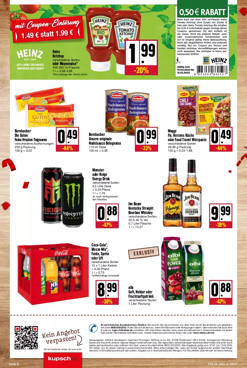 Aktueller Prospekt Kupsch - Angebote der Woche - von 07.02 bis 12.02.2022 - strona 8 - produkty: angebot, angebote, bernbacher, bourbon, bourbon whiskey, coca-cola, cola, coupon, deka, drink, eis, energy drink, ente, fanta, flasche, frucht, fruchtsaft, fruchtsaftgetränk, getränk, gin, heinz, jim beam, kentucky straight, ketchup, küche, limo, limonade, maggi, maggi fix, mayonnaise, Mezzo Mix, monster, Nektar, nudel, ring, sac, saft, sauce, sprite, teigwaren, telefon, Ti, tuc, whiskey, Yo