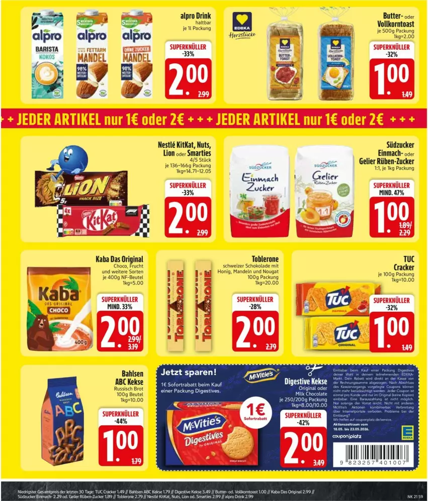 Aktueller Prospekt Edeka - Prospekte - von 18.05 bis 23.05.2026 - strona 12 - produkty: alpro, bahlsen, beutel, brot, butter, drink, frucht, gin, keks, kekse, kitkat, korn, lion, mac, mandel, mandeln, russisch brot, schoko, schokolade, smarties, sofortrabatt, südzucker, Ti, toast, toblerone, tuc, zucker