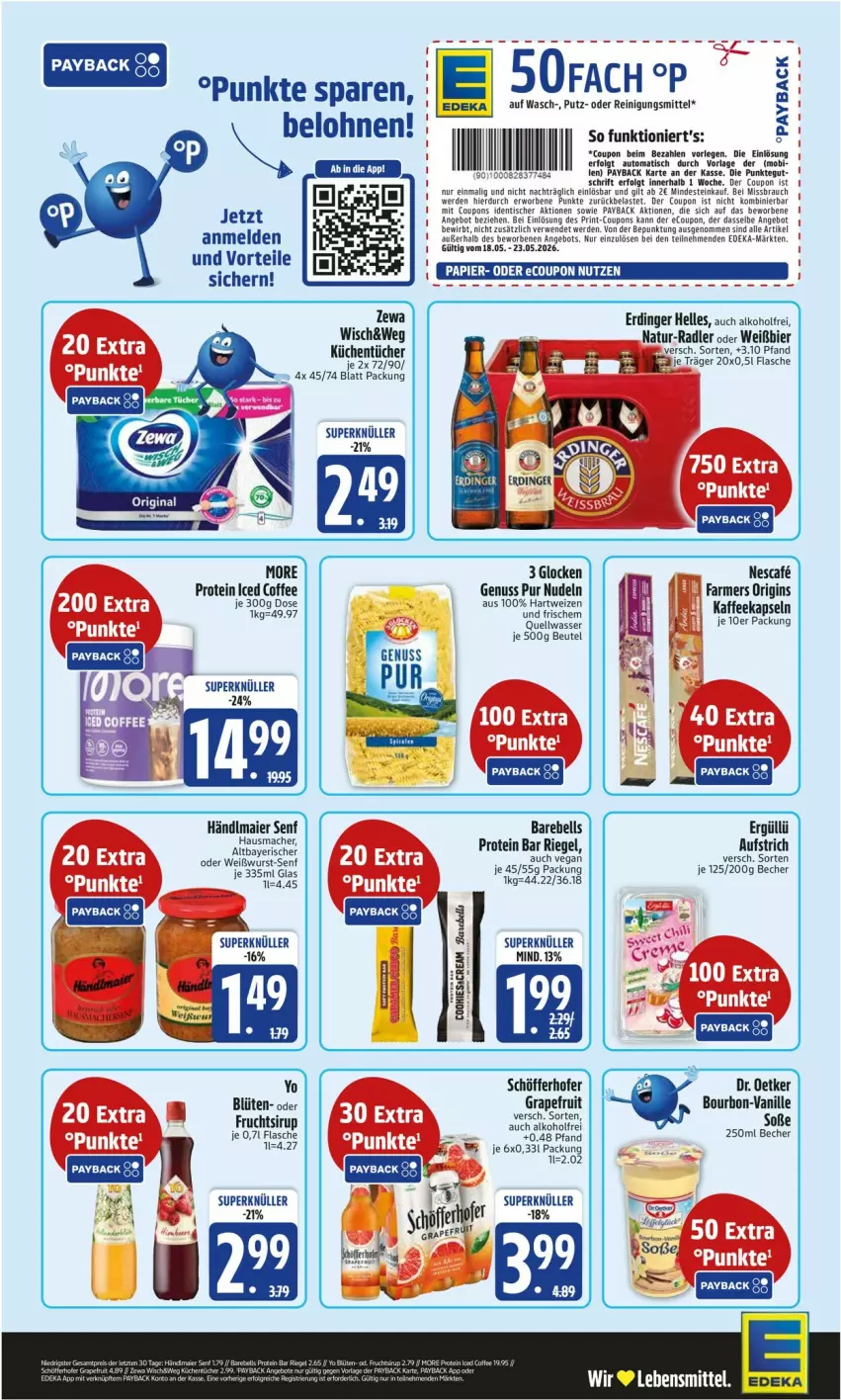 Aktueller Prospekt Edeka - Prospekte - von 18.05 bis 23.05.2026 - strona 2 - produkty: angebot, Becher, beutel, bier, Blüte, coupon, coupons, deka, Dr. Oetker, elle, erde, erdinger, flasche, frucht, gin, grapefruit, händlmaier, kaffee, kaffeekapseln, lebensmittel, Müller, natur, nudel, nudeln, nuss, papier, payback, radler, Rauch, rebell, Reinigung, Reinigungsmittel, rwe, schöfferhofer, senf, Ti, tisch, tücher, wasser, Yo