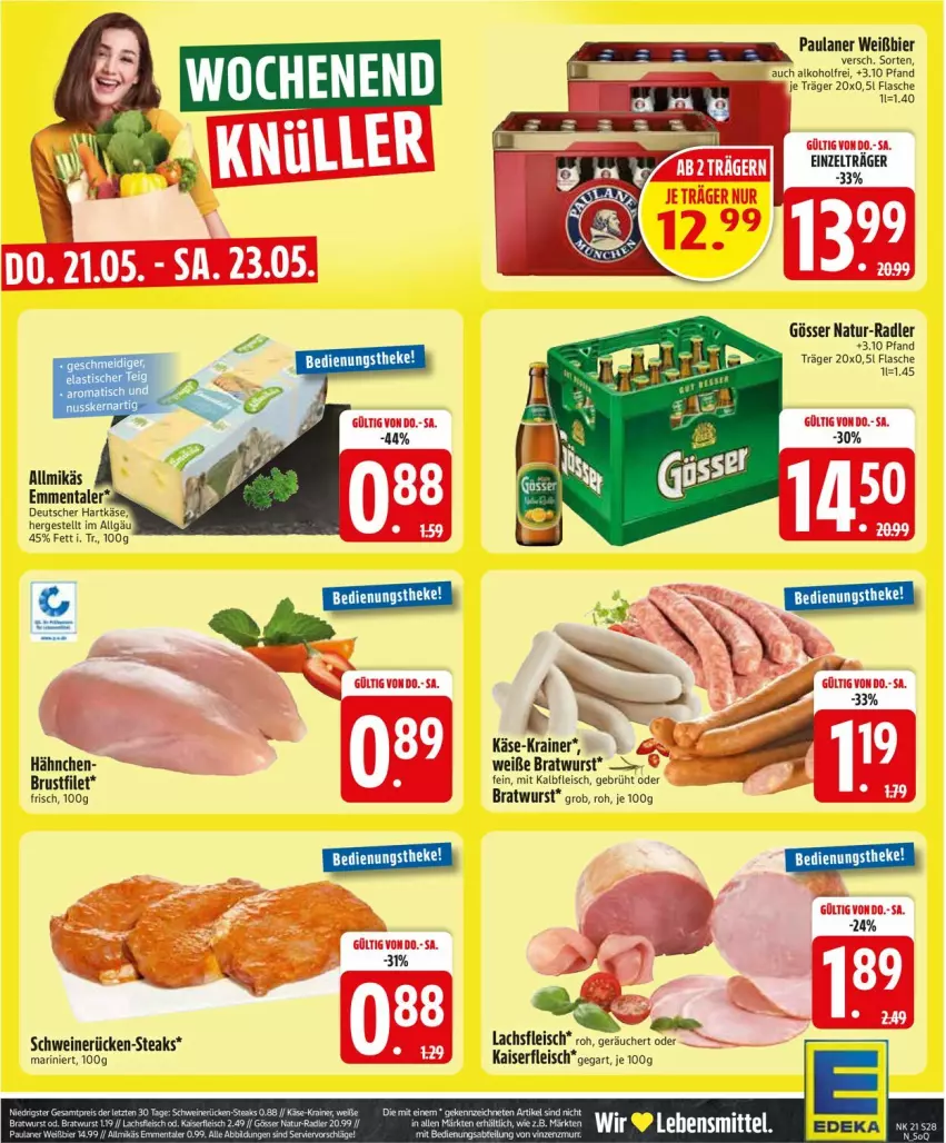 Aktueller Prospekt Edeka - Prospekte - von 18.05 bis 23.05.2026 - strona 31 - produkty: alkohol, bier, bratwurst, brustfilet, eier, eis, emmentaler, filet, flasche, fleisch, gösser, hartkäse, Kaiser, Kalbfleisch, Käse, lachs, LG, mit kalbfleisch, natur, nuss, Paula, paulaner, radler, schwein, schweine, schweinerücken, steak, steaks, Ti, wein, weine, wurst, Zelt