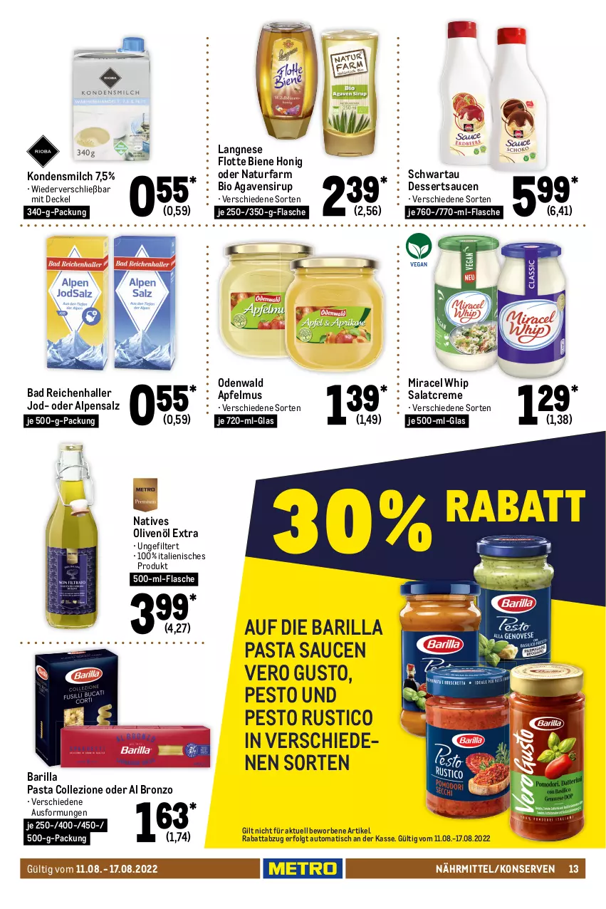 Aktueller Prospekt Metro - Food - von 11.08 bis 17.08.2022 - strona 13 - produkty: agaven, apfel, apfelmus, auto, Bad, bärenmarke, barilla, Becher, beste butter, bio, butter, creme, decke, Deckel, dessert, desserts, dessertsauce, Dr. Oetker, drink, eis, flasche, frau antje, frische milch, honig, joghur, joghurt, kondensmilch, Konserven, langnese, LG, mascarpone, milch, miracel, miracel whip, molkereiprodukte, Müller, natives olivenöl, natur, odenwald, olive, oliven, olivenöl, olivenöl extra, pasta, Pasta Sauce, pesto, pudding, quark, rahmjoghurt, sahne, salat, salatcreme, salz, sauce, saucen, schlagsahne, schoko, schokolade, Schwartau, sirup, speisequark, Ti, tisch, top-hit, vanille, weihenstephan