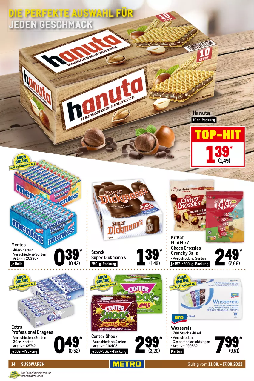 Aktueller Prospekt Metro - Food - von 11.08 bis 17.08.2022 - strona 14 - produkty: ball, bohne, butter, butterkeks, choco crossies, crossies, dallmayr, dallmayr prodomo, eis, ente, erdnüsse, espresso, getränk, getränke, hanuta, jacobs, kaffee, kaffeepads, keks, kitkat, lavazza, leibniz, mac, mentos, milka, nespresso, pringles, prodomo, reis, ring, salz, senseo, storck, süsswaren, Ti, top-hit, wasser, wassereis