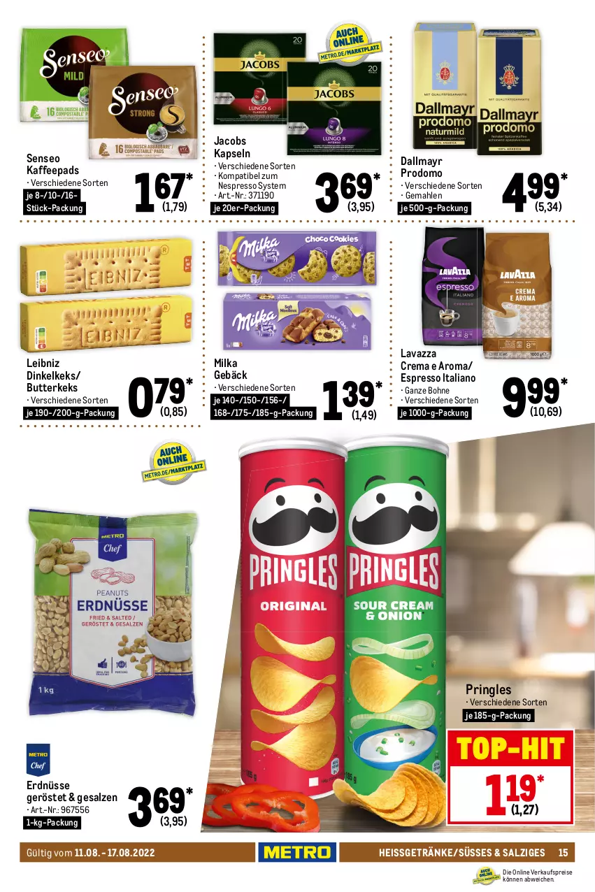 Aktueller Prospekt Metro - Food - von 11.08 bis 17.08.2022 - strona 15 - produkty: ball, bohne, butter, butterkeks, choco crossies, crossies, dallmayr, dallmayr prodomo, eis, ente, erdnüsse, espresso, getränk, getränke, hanuta, jacobs, kaffee, kaffeepads, keks, kitkat, lavazza, leibniz, mac, mentos, milka, nespresso, pringles, prodomo, reis, ring, salz, senseo, storck, süsswaren, Ti, top-hit, wasser, wassereis