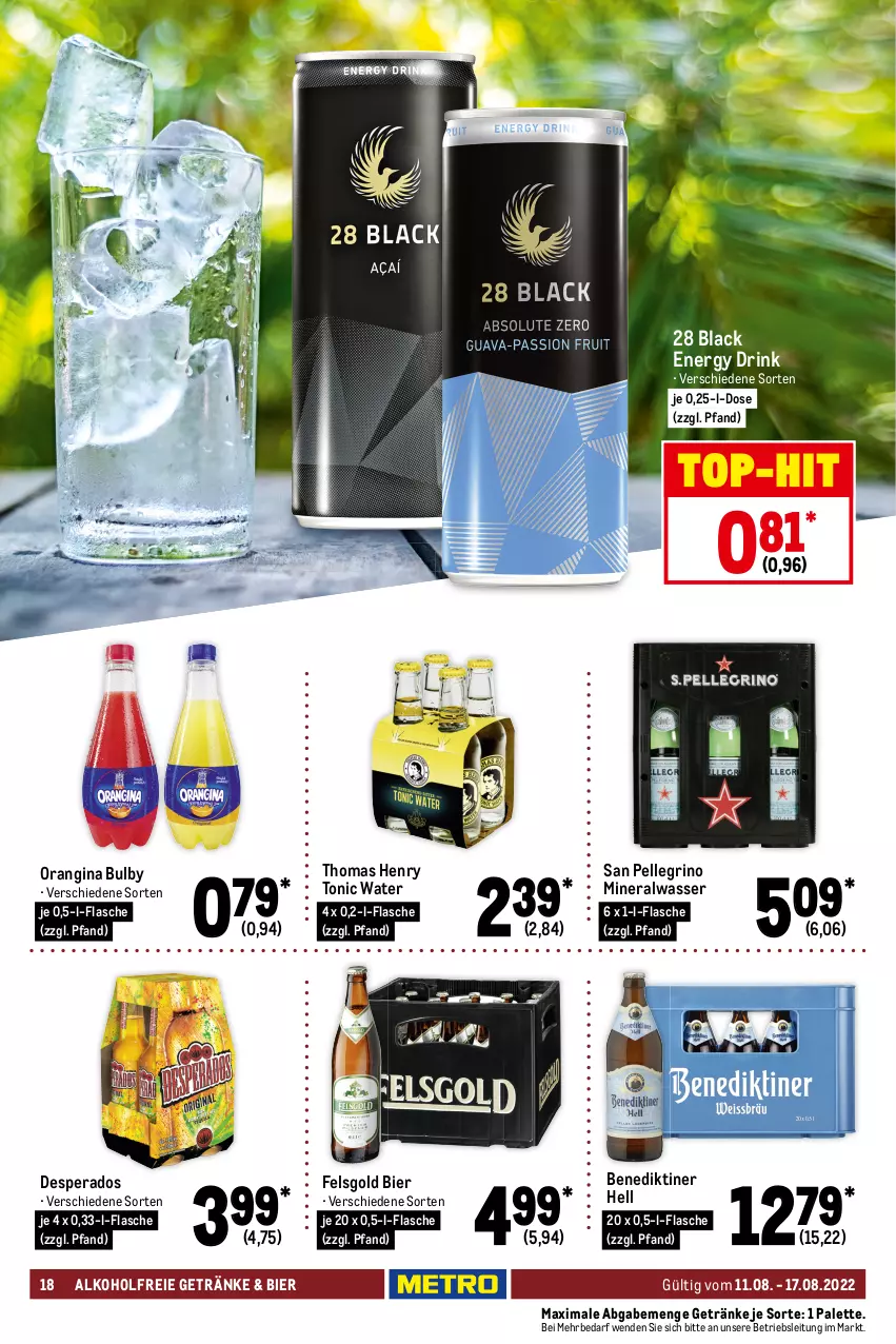 Aktueller Prospekt Metro - Food - von 11.08 bis 17.08.2022 - strona 18 - produkty: alkohol, alkoholfreie getränke, allzweckreiniger, Alwa, Benediktiner, bier, carefree, Coral, desperados, drink, eis, elle, energy drink, essig, feinwaschmittel, flasche, Fleckenentferner, Frosch, getränk, getränke, gin, kosmetik, küche, Küchen, küchentücher, lack, lenor, lenor weichspüler, Meister, meister proper, mineralwasser, orangina, Palette, papier, reiniger, san pellegrino, slip, slipeinlagen, spülmittel, thomas henry, Ti, toilettenpapier, tonic, tonic water, top-hit, tücher, vanish, waschmittel, wasser, weck, weichspüler, zewa