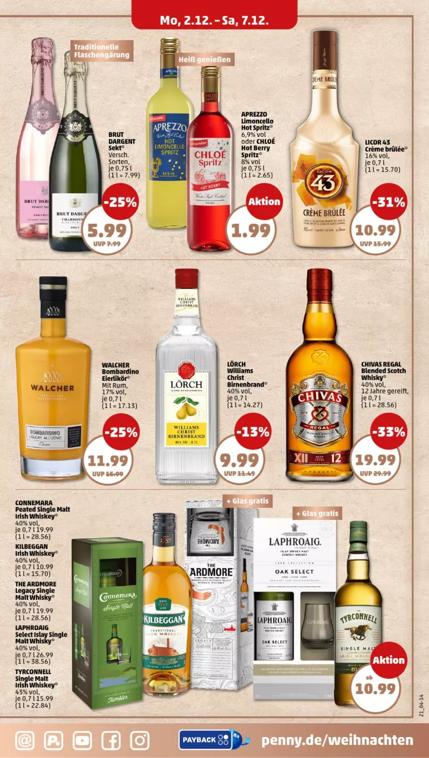 Aktueller Prospekt Penny - Prospekte - von 02.12 bis 07.12.2024 - strona 17 - produkty: Birnen, chloe, creme, irish whiskey, kilbeggan, laphroaig, licor, licor 43, limo, regal, rum, single malt, Thea, weihnachten, whiskey