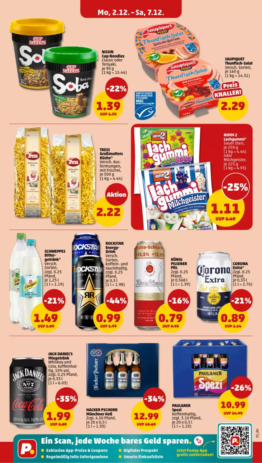 Aktueller Prospekt Penny - Prospekte - von 02.12 bis 07.12.2024 - strona 29 - produkty: cola, corona, coupon, coupons, eis, fisch, getränk, hacker pschorr, jack daniel, jack daniel's, küche, Mixgetränk, Nissin, Paula, paulaner, reis, Rockstar, salat, saupiquet, schweppes, Spezi, thunfisch, Ti, whiskey