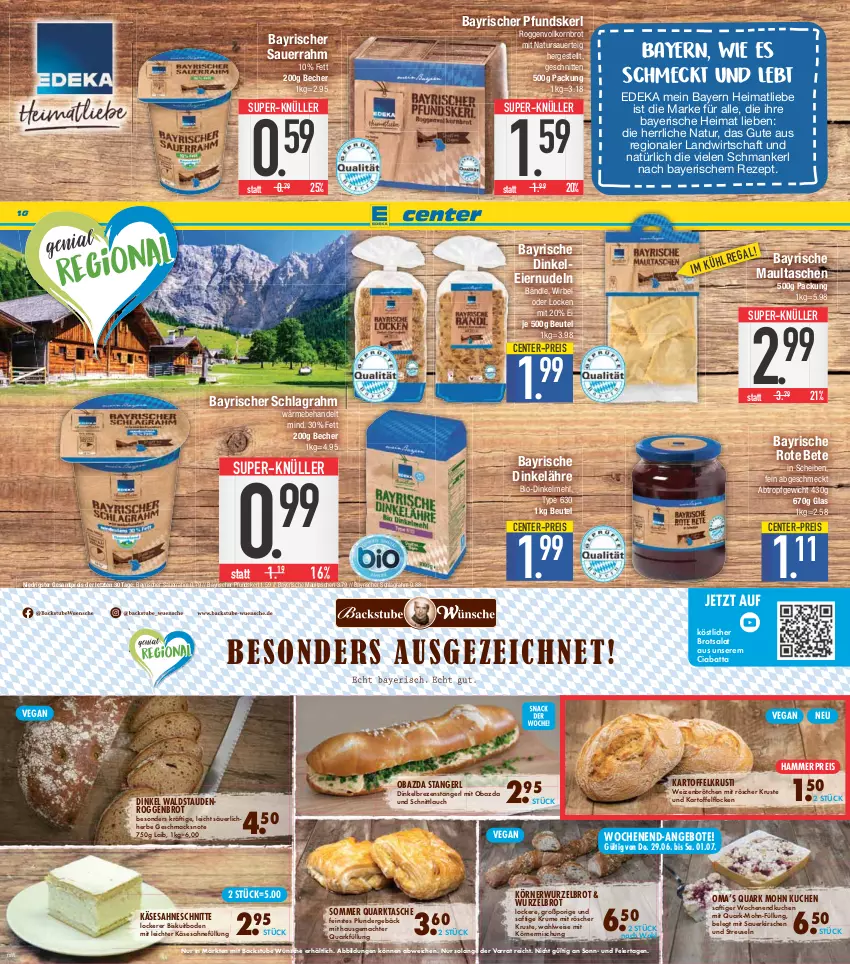 Aktueller Prospekt E Center - Angebote der Woche - von 19.06 bis 24.06.2023 - strona 10 - produkty: angebot, angebote, auer, Becher, beutel, bio, brot, brötchen, ciabatta, deka, dinkelmehl, eier, eiernudeln, eis, ente, kartoffel, Käse, kirsch, kirsche, kirschen, korn, Kornbrot, kuchen, mac, maultaschen, mehl, natur, ndk, nudel, nudeln, obazda, Plunder, quark, reis, rezept, rote bete, rum, saft, sahne, salat, sauerkirschen, Sauerrahm, schlagrahm, schnitten, schnittlauch, stauden, stube, super-knüller, Tasche, taschen, Ti, vollkornbrot, weizenbrötchen, ZTE