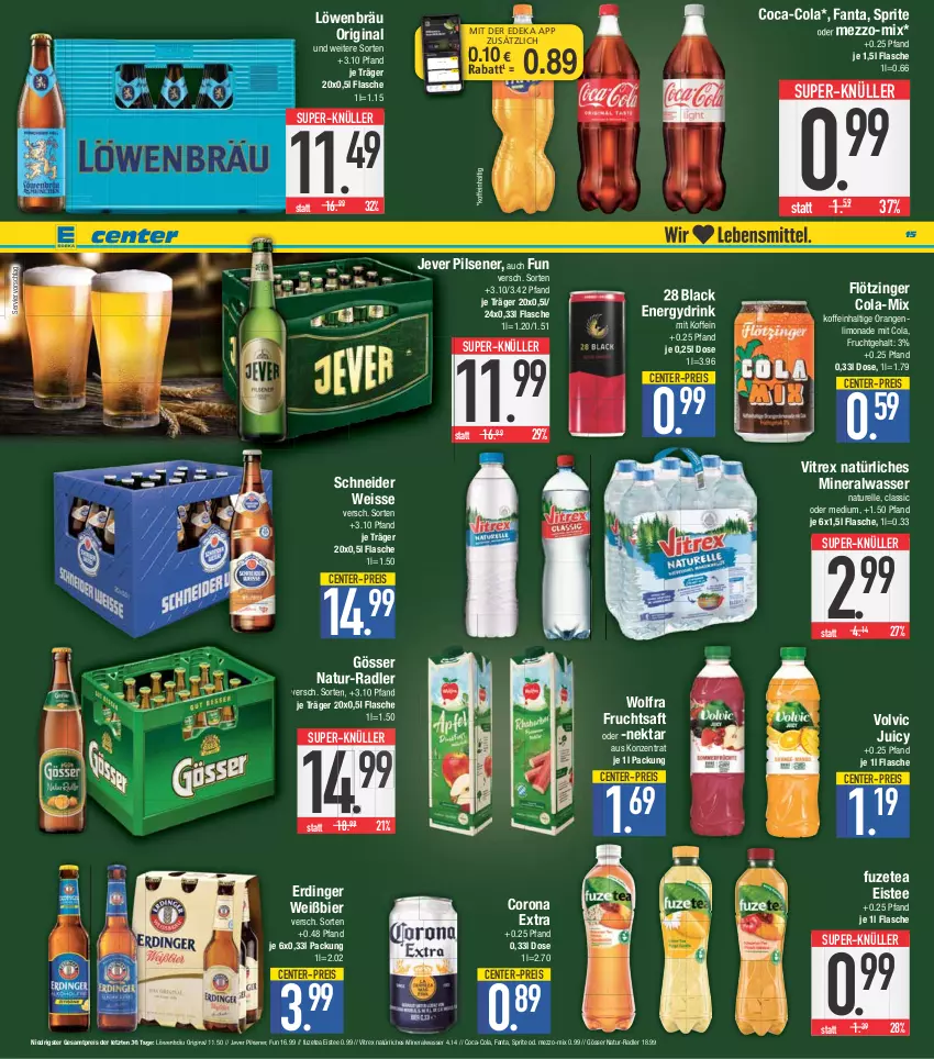 Aktueller Prospekt E Center - Angebote der Woche - von 19.06 bis 24.06.2023 - strona 15 - produkty: Alwa, bier, coca-cola, cola, corona, corona extra, coupon, deka, drink, eis, eistee, elle, ente, erdinger, fanta, flasche, frucht, fruchtsaft, fuzetea, gin, gösser, jever, jever pilsener, lack, limo, limonade, mineralwasser, natur, natürliches mineralwasser, Nektar, nuss, orange, orangen, pils, pilsener, radler, reis, rel, saft, sprite, super-knüller, tee, Ti, vitrex, volvic, wasser, ZTE