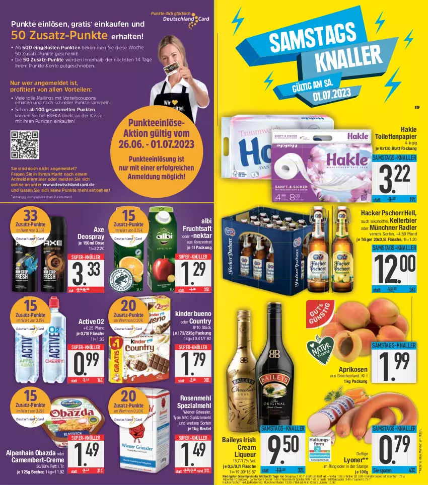 Aktueller Prospekt E Center - Angebote der Woche - von 19.06 bis 24.06.2023 - strona 19 - produkty: alkohol, Alpenhain, aprikose, aprikosen, axe, baileys, Becher, beko, beutel, bier, camembert, coupon, coupons, creme, deka, deo, deospray, deutschlandcard, eis, elle, erde, flasche, frucht, fruchtsaft, hacker pschorr, hakle, hakle toilettenpapier, irish cream, kellerbier, Kinder, kinder bueno, liqueur, lyoner, mehl, Nektar, obazda, papier, radler, reis, ring, rosen, Rosenmehl, saft, Spätzlemehl, Spezi, super-knüller, Ti, toilettenpapier, wiener, Yo, ZTE