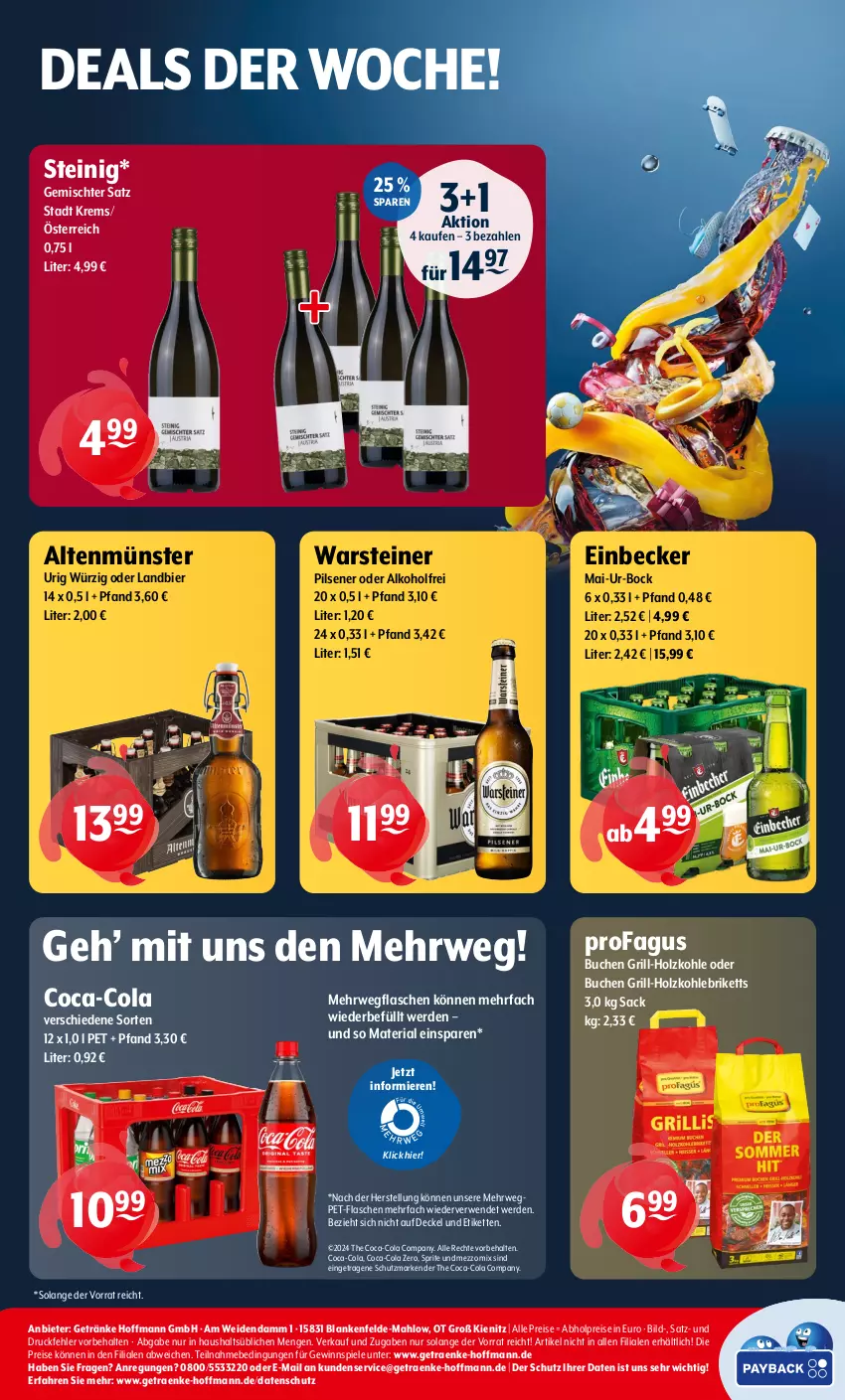 Aktueller Prospekt Getraenke Hoffmann - Prospekte - von 15.04 bis 20.04.2024 - strona 8 - produkty: abholpreise, alkohol, Altenmünster, bier, briketts, buch, coca-cola, cola, decke, Deckel, eis, erde, flasche, Gemischter Satz, getränk, getränke, gewinnspiel, grill, grill-holzkohle, Holz, holzkohle, Kette, Mezzo Mix, pet-flasche, pet-flaschen, pils, pilsener, profagus, reis, Ria, rwe, sac, Spiele, sprite, steiner, Ti, warsteiner