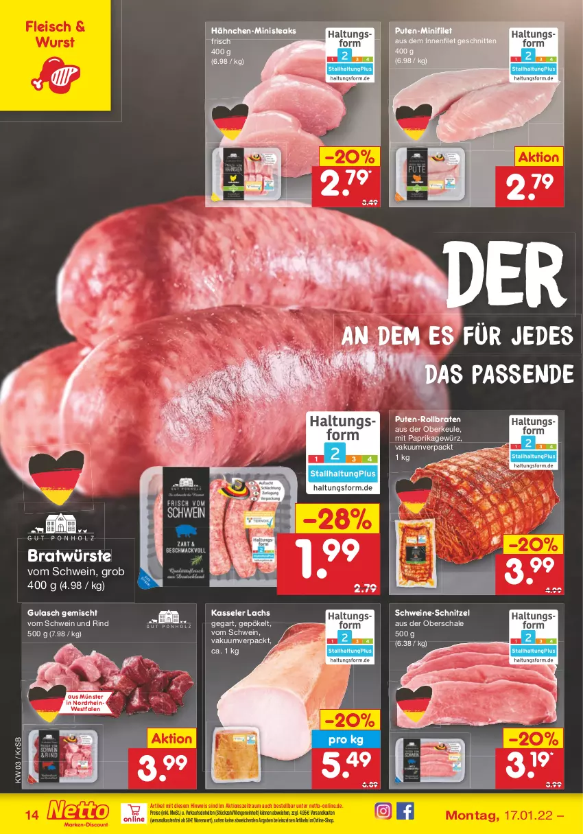 Aktueller Prospekt Netto Marken-Discount - Filial-Angebote - von 17.01 bis 22.01.2022 - strona 14 - produkty: braten, eis, filet, fleisch, gewürz, gulasch, kasseler, lachs, mit paprika, ndk, paprika, pute, reis, rind, rollbraten, Schal, Schale, schnitten, schnitzel, schwein, schwein und rind, schweine, schweine-schnitzel, steak, steaks, Ti, versandkostenfrei, vom schwein und rind, wein, weine, wurst