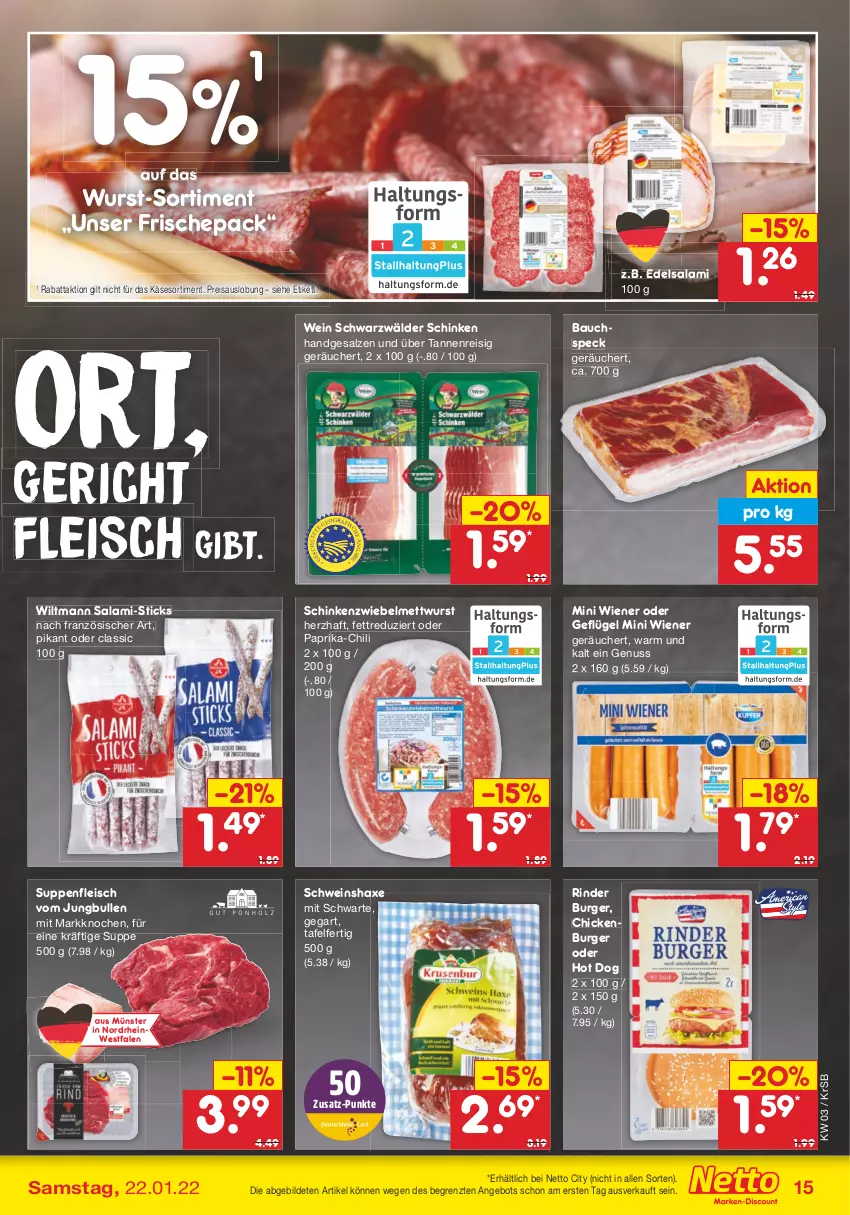 Aktueller Prospekt Netto Marken-Discount - Filial-Angebote - von 17.01 bis 22.01.2022 - strona 15 - produkty: angebot, axe, Bau, burger, chili, Edelsalami, eis, fleisch, Geflügel, Haxe, hot dog, jungbullen, Käse, Mett, mettwurst, nuss, paprika, reis, rind, rinder, salami, salz, schinken, schwarzwälder schinken, schwein, Speck, suppe, suppen, suppenfleisch, Ti, wein, wiener, wiltmann, wurst, ZTE, zwiebel, zwiebelmettwurst