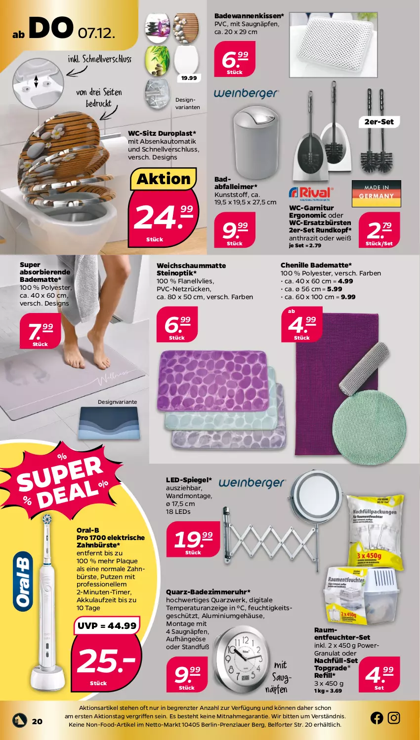 Aktueller Prospekt Netto - Woche 49 - von 04.12 bis 09.12.2023 - strona 20 - produkty: Abfalleimer, akku, auer, auto, Bad, badematte, Badewanne, bier, Biere, bürste, bürsten, eimer, elektrische zahnbürste, elle, garnitur, kissen, leds, leimer, ndk, oral-b, Ria, spiegel, Ti, timer, uhr, Wanne, wc-garnitur, wc-sitz, zahnbürste, ZTE