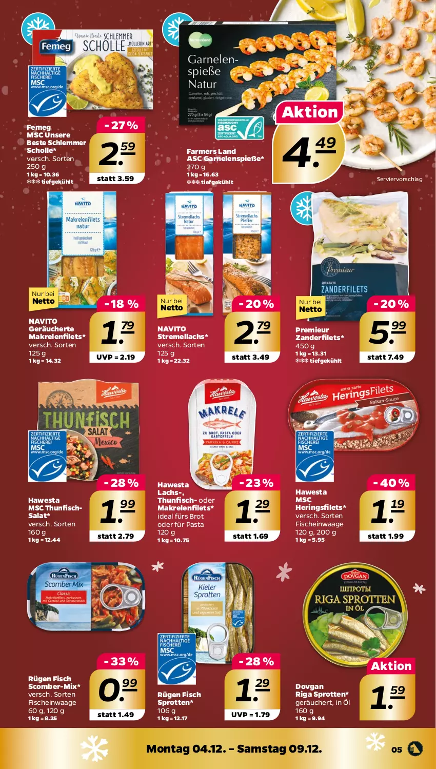 Aktueller Prospekt Netto - Woche 49 - von 04.12 bis 09.12.2023 - strona 5 - produkty: brot, dovgan, femeg, filet, filets, fisch, fische, garnelen, hawesta, hering, Herings, heringsfilets, lachs, Makrele, Makrelenfilets, pasta, rel, ring, salat, scholl, Sprotten, thunfisch, Thunfischsalat, Ti, Waage, Zander, Zanderfilets