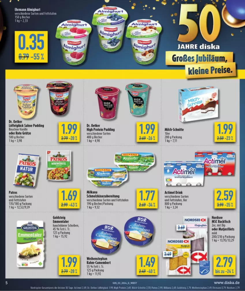 Aktueller Prospekt Budni - von 15.01 bis 20.01.2024 - strona 5 - produkty: actimel, actimel drink, backfisch, Becher, bett, Betten, bourbon, camembert, dip, Dr. Oetker, drink, ehrmann, emmentaler, fisch, goldsteig, grütze, Käse, LG, Löffel, matjes, milch, milch-schnitte, milka, milkana, Nordsee, patros, pudding, Rote Grütze, sahne, Schmelzkäse, schmelzkäsezubereitung, Ti, vanille, weihenstephan