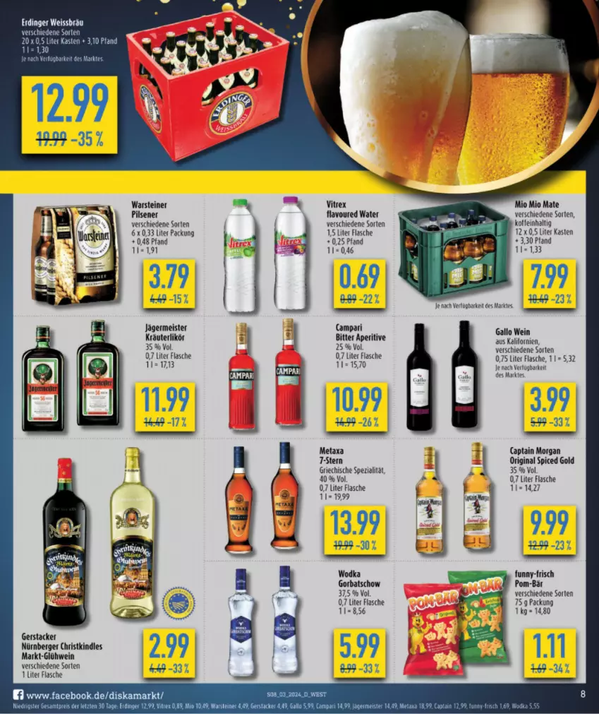 Aktueller Prospekt Budni - von 15.01 bis 20.01.2024 - strona 8 - produkty: Berger, campari, Cap, captain morgan, eis, erdinger, flasche, funny-frisch, gallo, Germ, gin, Glühwein, Gorbatschow, jägermeister, Kindle, kräuter, kräuterlikör, likör, Meister, Metaxa, Mio Mio, nürnberger, original spiced gold, pils, pilsener, pom-bär, reis, Spezi, steiner, Ti, vitrex, warsteiner, wein, wodka, ZTE