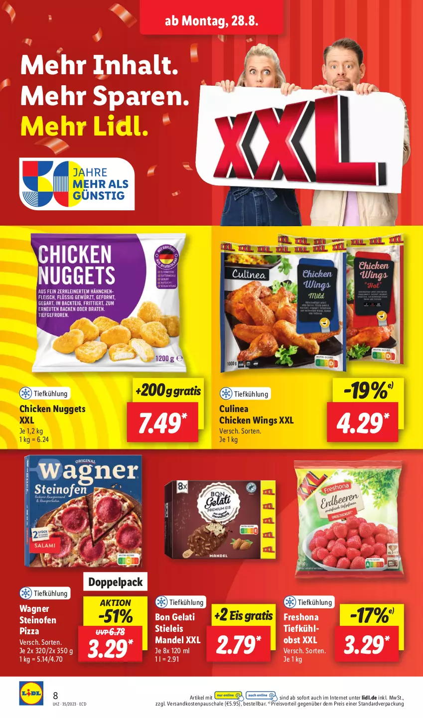 Aktueller Prospekt Lidl - Aktionsprospekt - von 28.08 bis 02.09.2023 - strona 10 - produkty: Bon Gelati, chicken nuggets, chicken wings, eis, mandel, ndk, nuggets, obst, Ofen, pizza, preisvorteil, reis, Schal, Schale, steinofen, steinofen pizza, stieleis, Ti, wagner