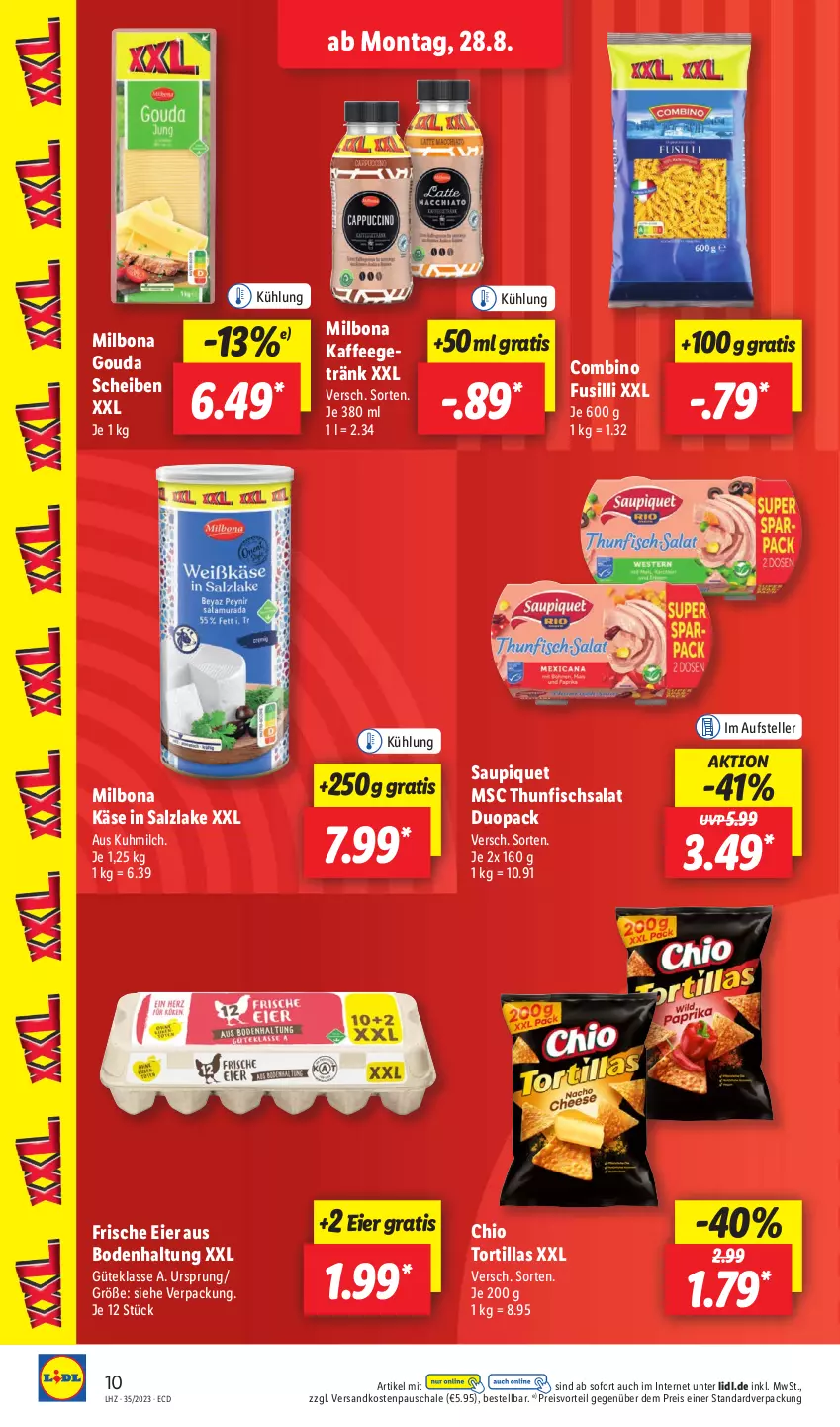 Aktueller Prospekt Lidl - Aktionsprospekt - von 28.08 bis 02.09.2023 - strona 12 - produkty: Bona, eier, eis, elle, fisch, fusilli, getränk, gouda, kaffee, Käse, Milbona, milch, ndk, preisvorteil, reis, salat, salz, saupiquet, Schal, Schale, teller, thunfisch, Thunfischsalat, Ti, tortilla, tortillas