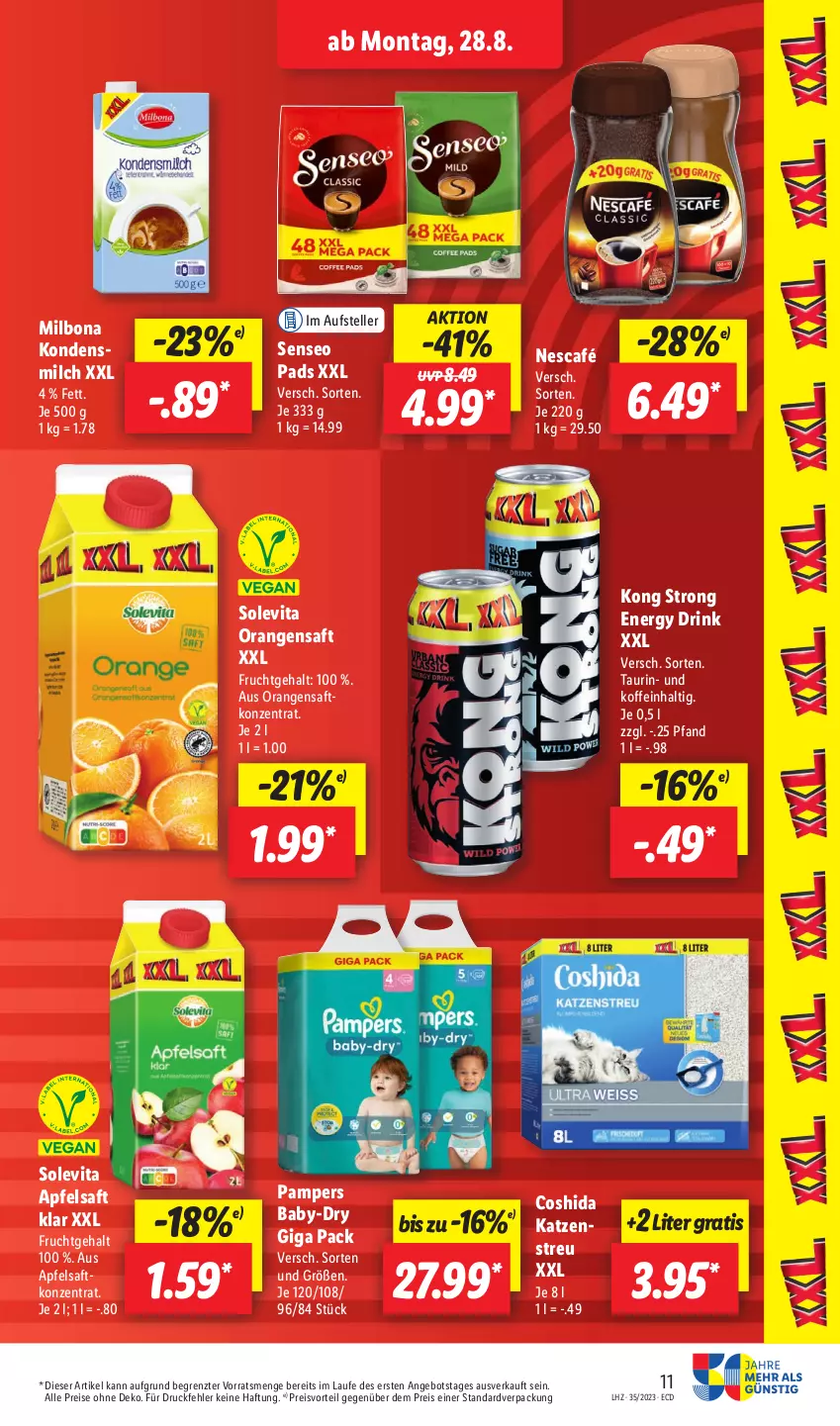 Aktueller Prospekt Lidl - Aktionsprospekt - von 28.08 bis 02.09.2023 - strona 13 - produkty: angebot, apfel, apfelsaft, baby-dry, Bona, Coshida, drink, eis, elle, energy drink, frucht, Katzenstreu, kondensmilch, Milbona, milch, Nescafé, orange, orangen, orangensaft, pampers, preisvorteil, reis, saft, senseo, senseo pads, teller, Ti, vita, ZTE