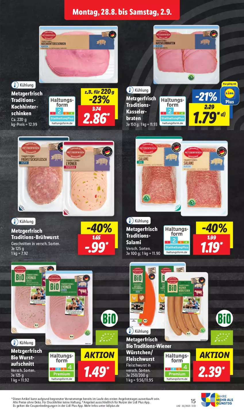 Aktueller Prospekt Lidl - Aktionsprospekt - von 28.08 bis 02.09.2023 - strona 17 - produkty: angebot, aufschnitt, bio, braten, Brühwurst, coupon, eis, fleisch, fleischwurst, hinterschinken, kasseler, Kasselerbraten, reis, salami, schinken, schnitten, Ti, wiener, wiener würstchen, wurst, würstchen, ZTE