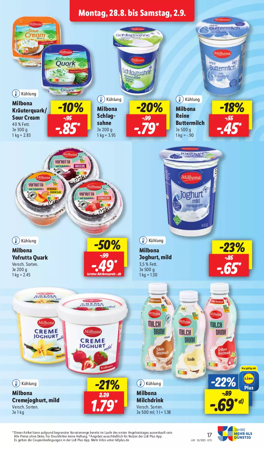 Aktueller Prospekt Lidl - Aktionsprospekt - von 28.08 bis 02.09.2023 - strona 19 - produkty: aktionspreis, angebot, Bona, butter, buttermilch, coupon, creme, drink, eis, joghur, joghurt, kräuter, Milbona, milch, quark, reine buttermilch, reis, sahne, sour cream, Ti, Yo, ZTE