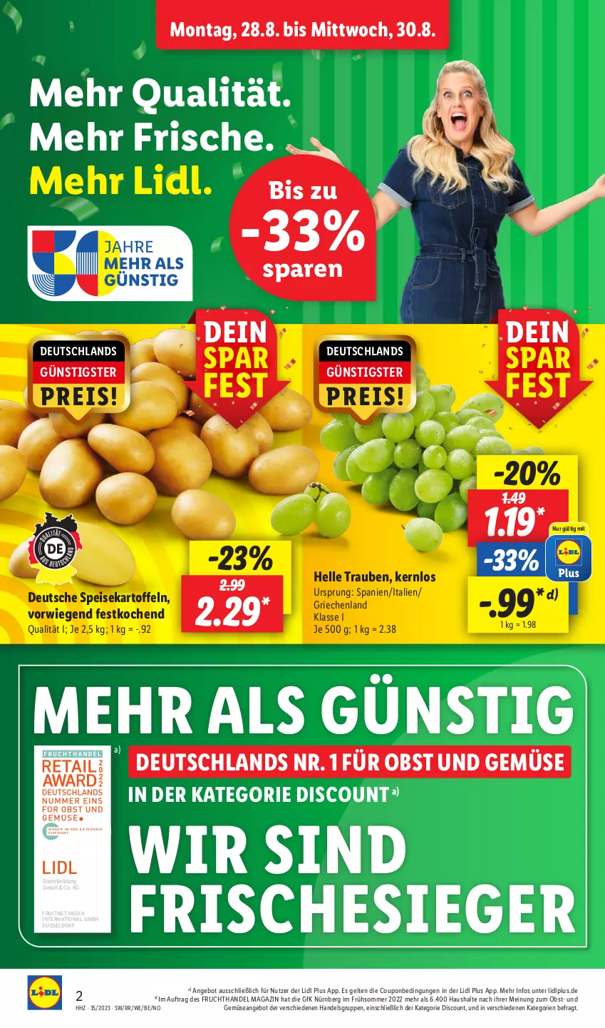 Aktueller Prospekt Lidl - Aktionsprospekt - von 28.08 bis 02.09.2023 - strona 2 - produkty: angebot, coupon, discount, eis, elle, ente, frucht, kartoffel, kartoffeln, magazin, obst, Obst und Gemüse, reis, speisekartoffeln, Ti, trauben, und gemüse