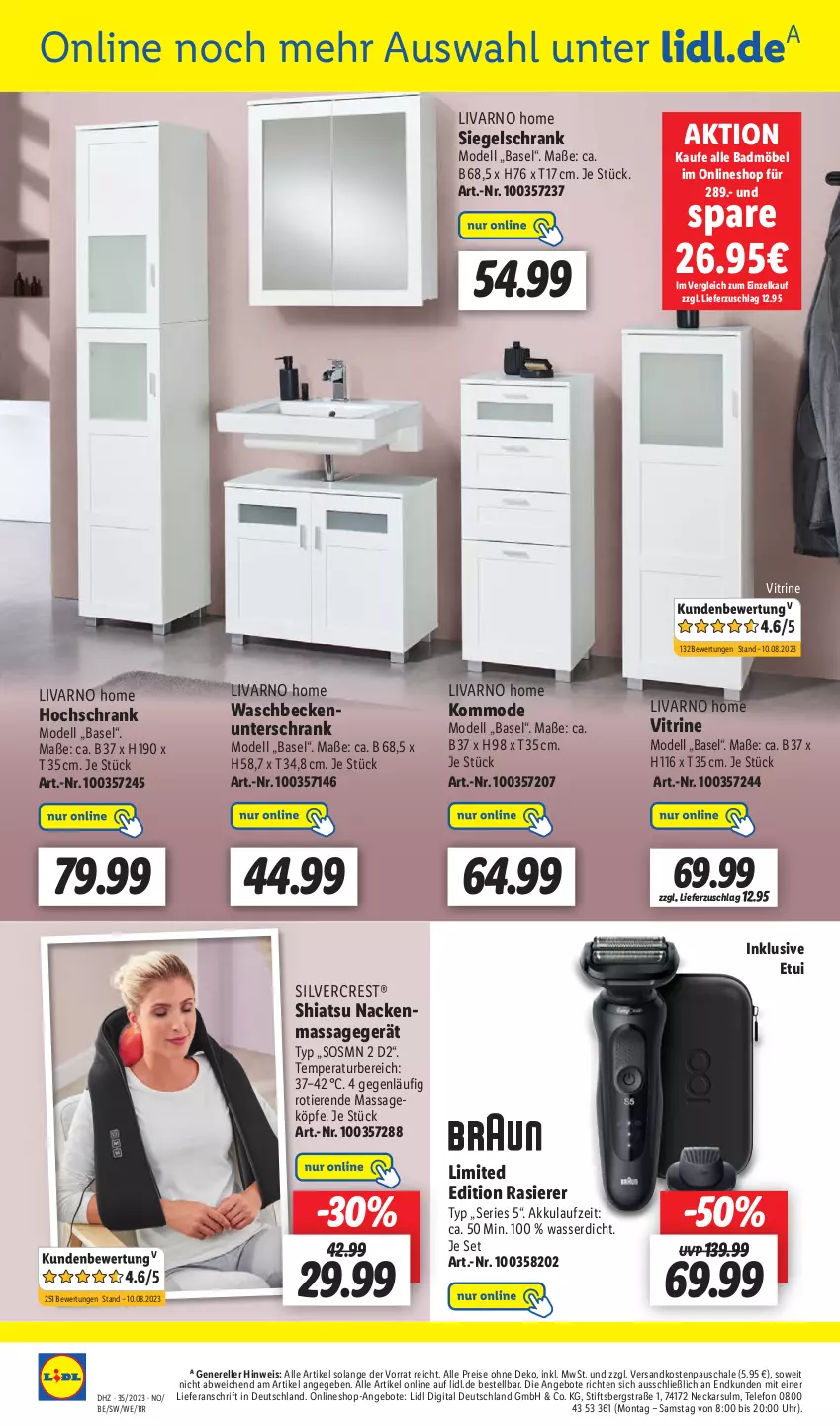 Aktueller Prospekt Lidl - Aktionsprospekt - von 28.08 bis 02.09.2023 - strona 30 - produkty: akku, angebot, angebote, Bad, Badmöbel, Beckenunterschrank, dell, eis, elle, hochschrank, kommode, Massagegerät, möbel, Mode, ndk, rasierer, reis, rel, Schal, Schale, Schrank, silvercrest, telefon, Ti, Tiere, uhr, unterschrank, vitrine, waschbecken, waschbeckenunterschrank, wasser