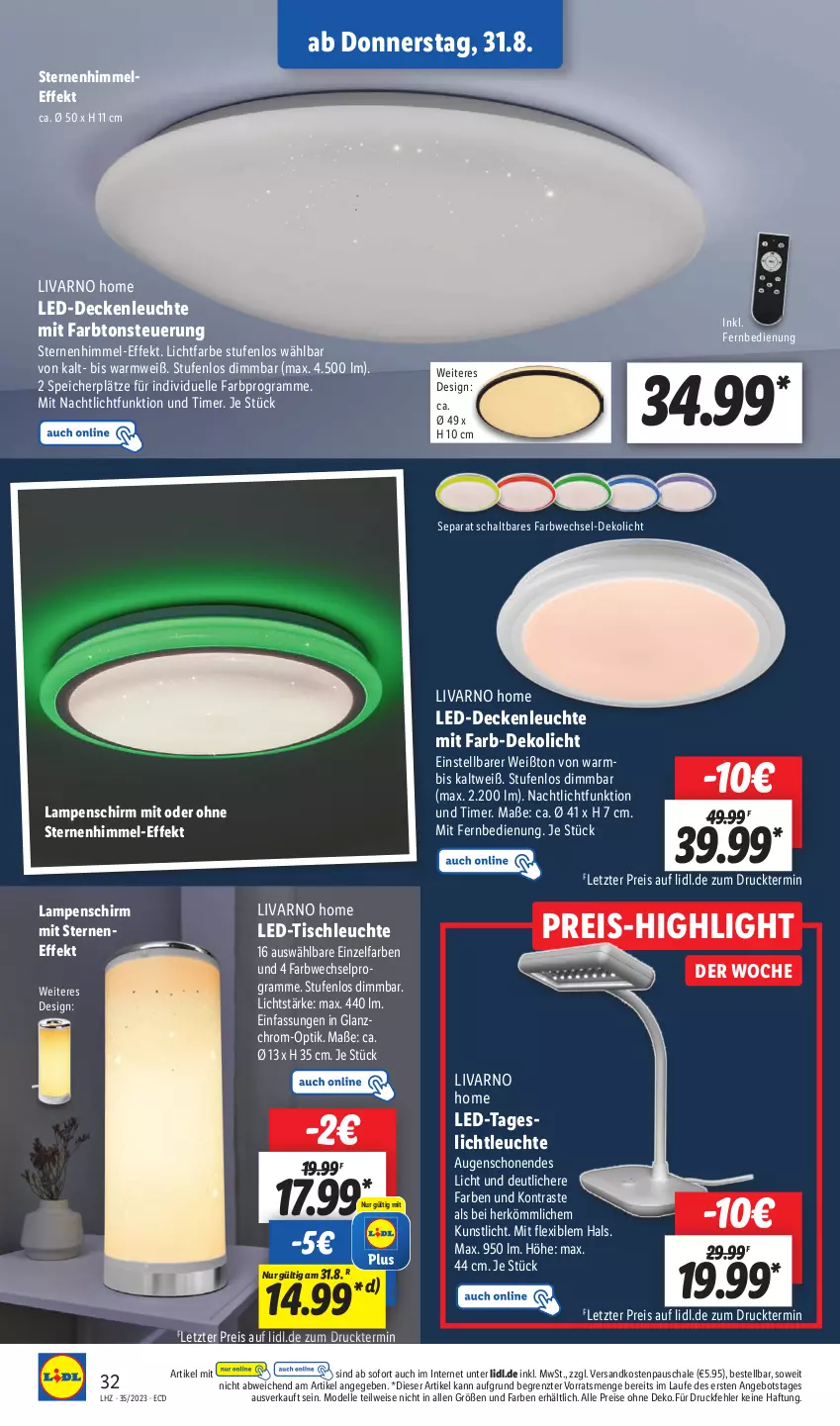 Aktueller Prospekt Lidl - Aktionsprospekt - von 28.08 bis 02.09.2023 - strona 40 - produkty: angebot, decke, deckenleuchte, dell, eis, elle, fernbedienung, Lampe, Lampenschirm, led-deckenleuchte, led-tischleuchte, Leuchte, mit fernbedienung, Mode, Nachtlicht, ndk, reis, Schal, Schale, Ti, timer, tisch, tischleuchte, ZTE