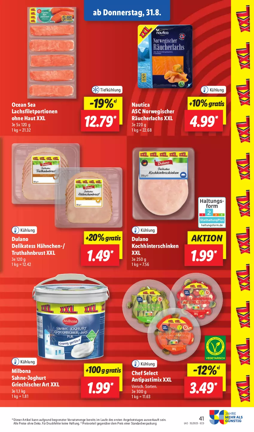 Aktueller Prospekt Lidl - Aktionsprospekt - von 28.08 bis 02.09.2023 - strona 53 - produkty: angebot, antipasti, asti, Bona, dulano, eis, filet, hinterschinken, joghur, joghurt, lachs, lachsfilet, Milbona, preisvorteil, Räucherlachs, reis, rwe, sahne, schinken, Ti, truthahn, ZTE