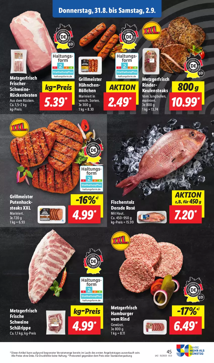 Aktueller Prospekt Lidl - Aktionsprospekt - von 28.08 bis 02.09.2023 - strona 59 - produkty: angebot, braten, burger, Dorade, eis, fisch, fische, Fischer, gewürz, grill, hamburger, jungbullen, Meister, preisvorteil, pute, Putenhacksteak, reis, rind, rinder, Rinderkeule, Rückenbraten, schwein, schweine, schweinerücken, steak, steaks, Ti, wein, weine, ZTE