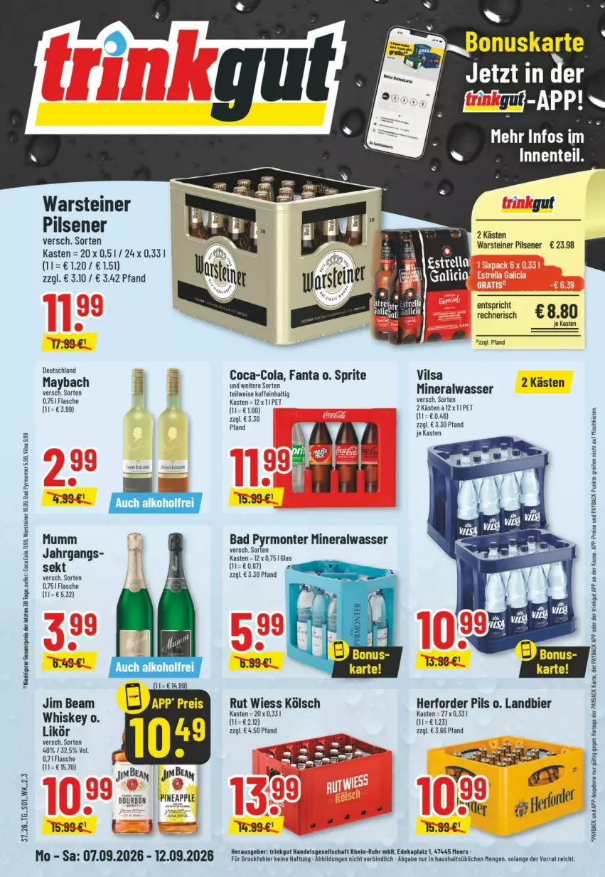 Aktueller Prospekt Trinkgut - Prospekte - von 06.09 bis 12.09.2026 - strona 1 - produkty: Alwa, angebot, angebote, Apple, Bad, bier, coca-cola, cola, deka, eis, fanta, flasche, jim beam, likör, maybach, mineralwasser, monte, mumm, payback, pils, pilsener, reifen, reis, sekt, sprite, steiner, Ti, uhr, vilsa, warsteiner, wasser, whiskey, ZTE
