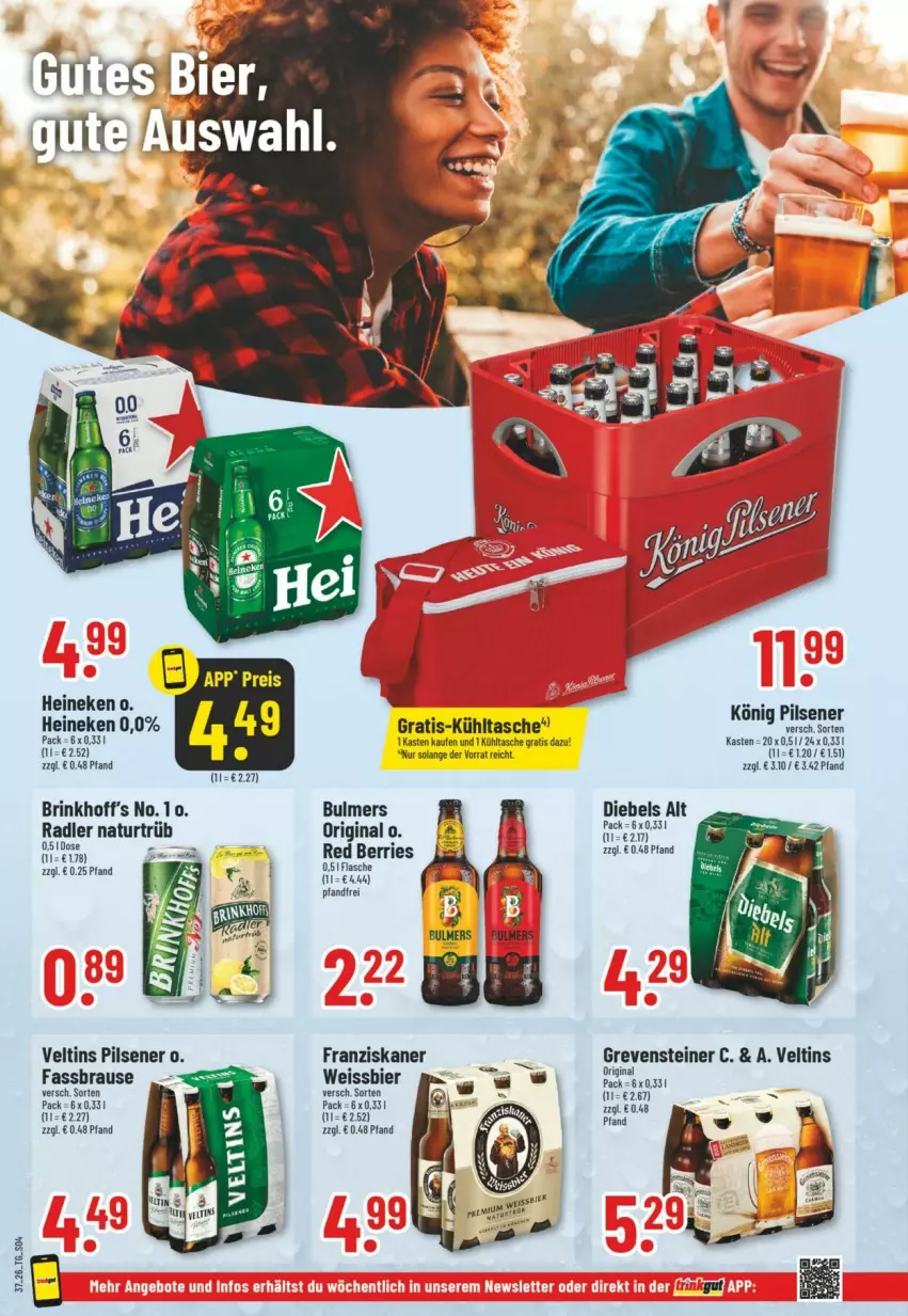 Aktueller Prospekt Trinkgut - Prospekte - von 06.09 bis 12.09.2026 - strona 4 - produkty: bier, brause, diebels, eis, fassbrause, flasche, franziskaner, gin, heineken, könig pilsener, kühltasche, natur, pils, pilsener, radler, steiner, Tasche, Ti, veltins, veltins pilsener, weissbier