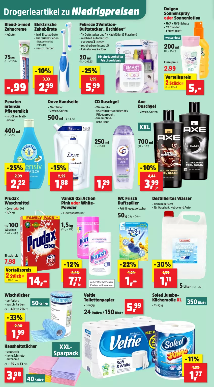Aktueller Prospekt Thomas Philipps - von 12.05 bis 17.05.2025 - strona 14 - produkty: auer, auto, axe, axe duschgel, batterie, batterien, blend-a-med, bürste, creme, dove, duschgel, eis, febreze, flasche, Fleckenentferner, Handseife, haushaltstücher, Hobby, jumbo, Kinder, kräuter, küche, Küchen, küchenrolle, latte, LG, Lotion, milch, olive, oliven, orchidee, oxi action, papier, penaten, reis, Seife, sonnenspray, Ti, tisch, toilettenpapier, tücher, vanish, vanish oxi action, vorteilspreis, waschmittel, wasser, wc frisch, zahnbürste, zahncreme