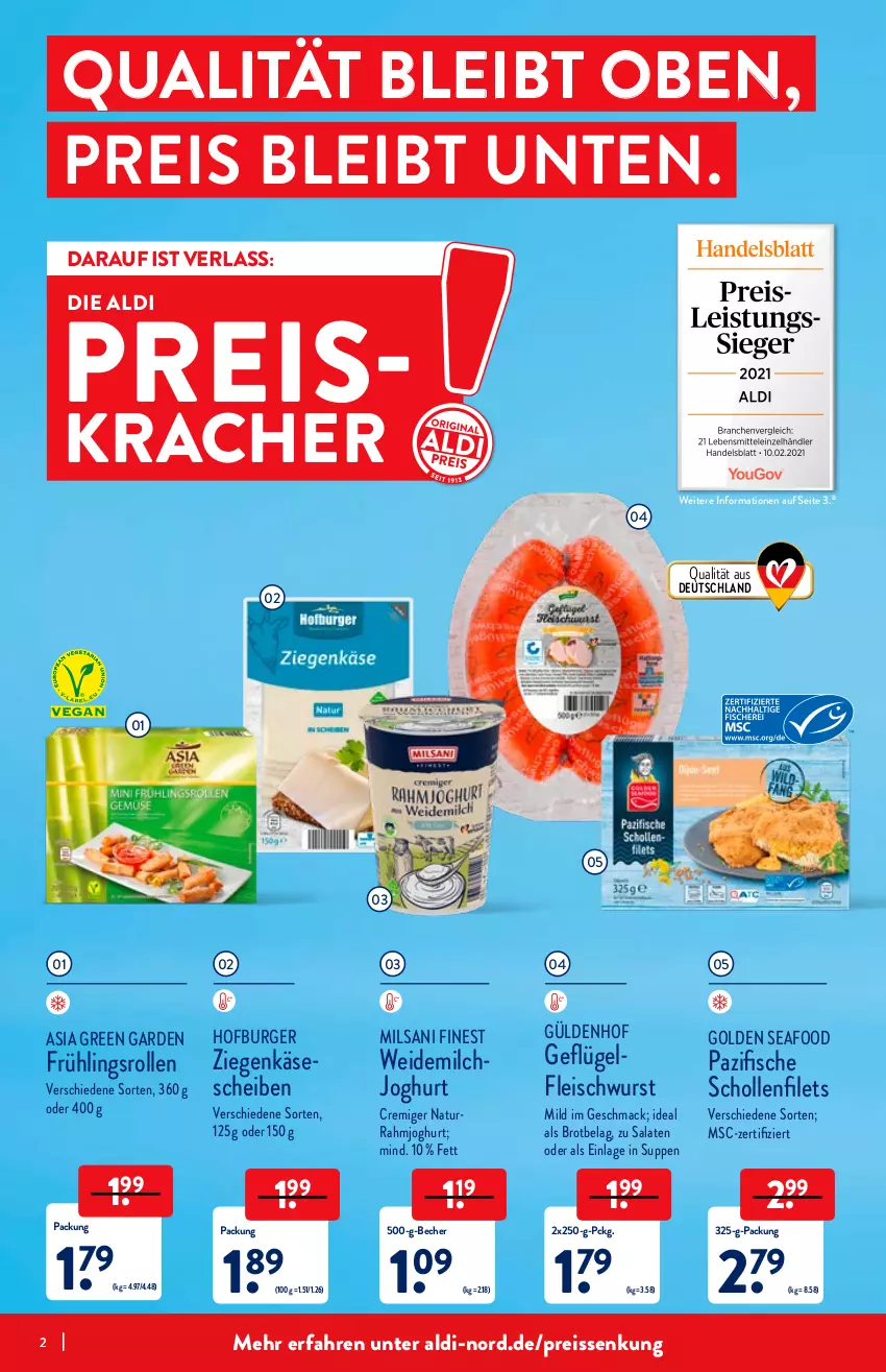 Aktueller Prospekt Aldi Nord - Aldi-Aktuell - von 24.01 bis 29.01.2022 - strona 2 - produkty: aldi, Asia Green Garden, Becher, brot, burger, eis, filet, filets, fisch, fische, fleisch, fleischwurst, Geflügel, joghur, joghurt, Käse, käsescheiben, kracher, mac, milch, natur, rahmjoghurt, reis, reiss, salat, salate, scholl, Schollenfilets, suppe, suppen, Ti, weidemilch, wurst, ziegenkäse