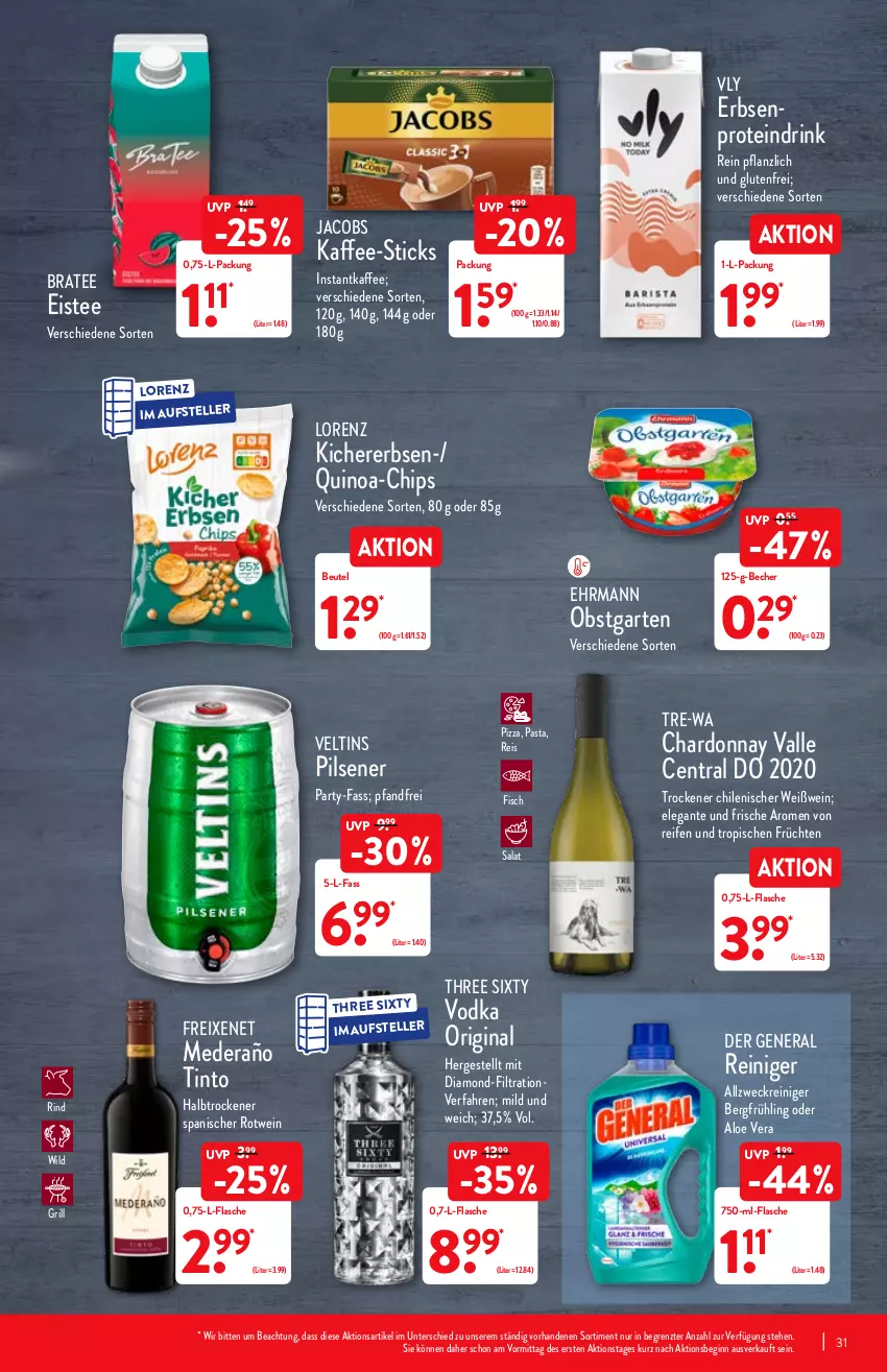 Aktueller Prospekt Aldi Nord - Aldi-Aktuell - von 24.01 bis 29.01.2022 - strona 31 - produkty: allzweckreiniger, aloe vera, Becher, beutel, BraTee, chardonnay, chips, drink, ehrmann, eis, eistee, elle, erbsen, fisch, flasche, freixenet, früchte, früchten, Garten, gin, grill, instantkaffee, jacobs, kaffee, kichererbsen, lorenz, obst, obstgarten, pasta, pils, pilsener, pizza, Proteindrink, quinoa, reifen, reiniger, reis, rind, rotwein, salat, tee, teller, Three Sixty, Ti, veltins, veltins pilsener, vodka, weck, wein, Weißwein, Wild, ZTE