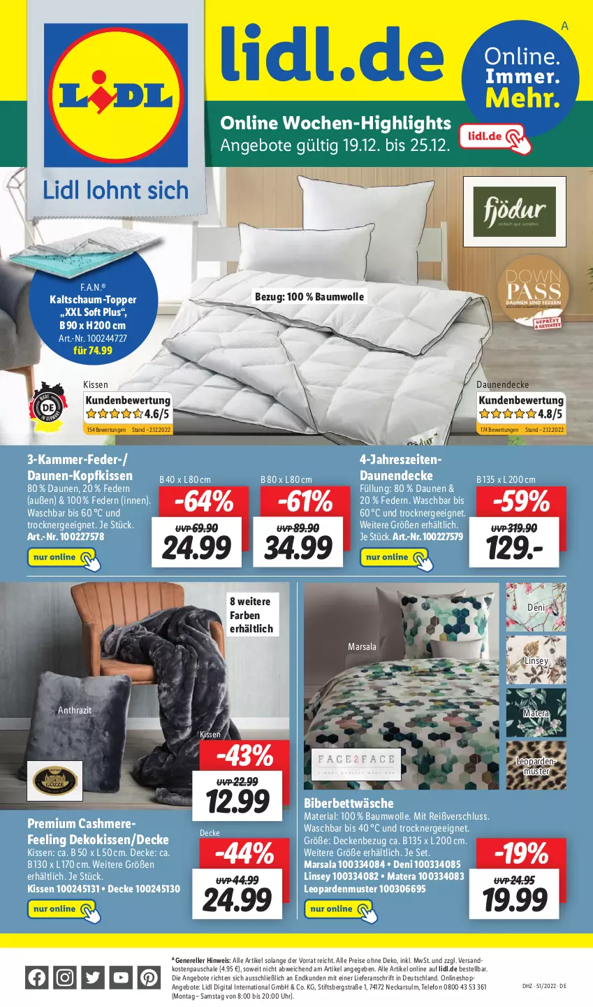 Aktueller Prospekt Lidl - Wochen-Highlights im Onlineshop - von 19.12 bis 25.12.2022 - strona 1 - produkty: angebot, angebote, Bau, baumwolle, bett, bettwäsche, cashmere, decke, dekokissen, eis, elle, Ergee, kissen, kopfkissen, mars, ndk, reis, rel, Ria, Schal, Schale, telefon, Ti, topper, Trockner, uhr, wolle