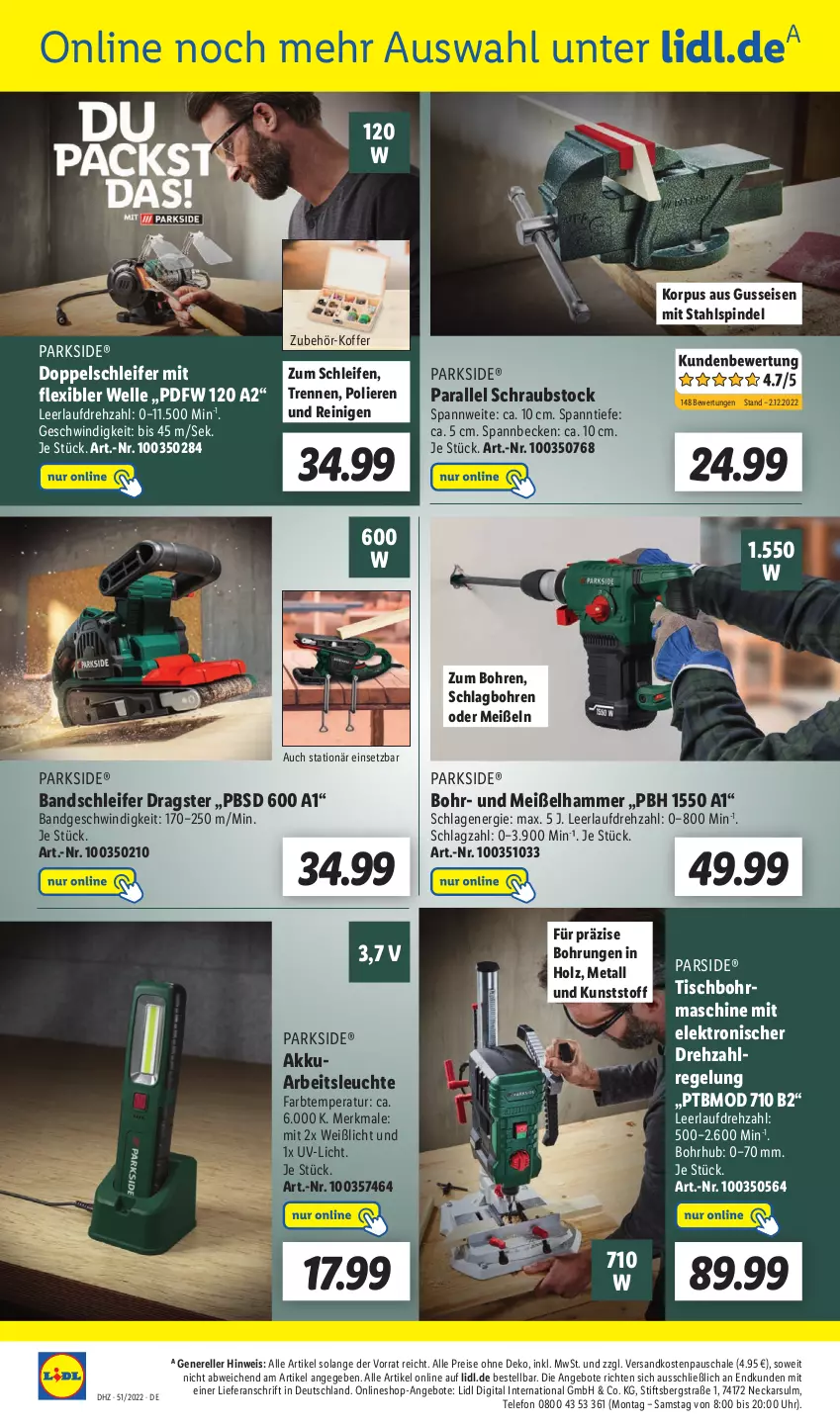 Aktueller Prospekt Lidl - Wochen-Highlights im Onlineshop - von 19.12 bis 25.12.2022 - strona 2 - produkty: akku, angebot, angebote, Arbeitsleuchte, Bandschleifer, eis, Elektro, elle, Holz, koffer, Leuchte, ndk, Parkside, reis, rel, Schal, Schale, telefon, Ti, tisch, Tischbohrmaschine, uhr