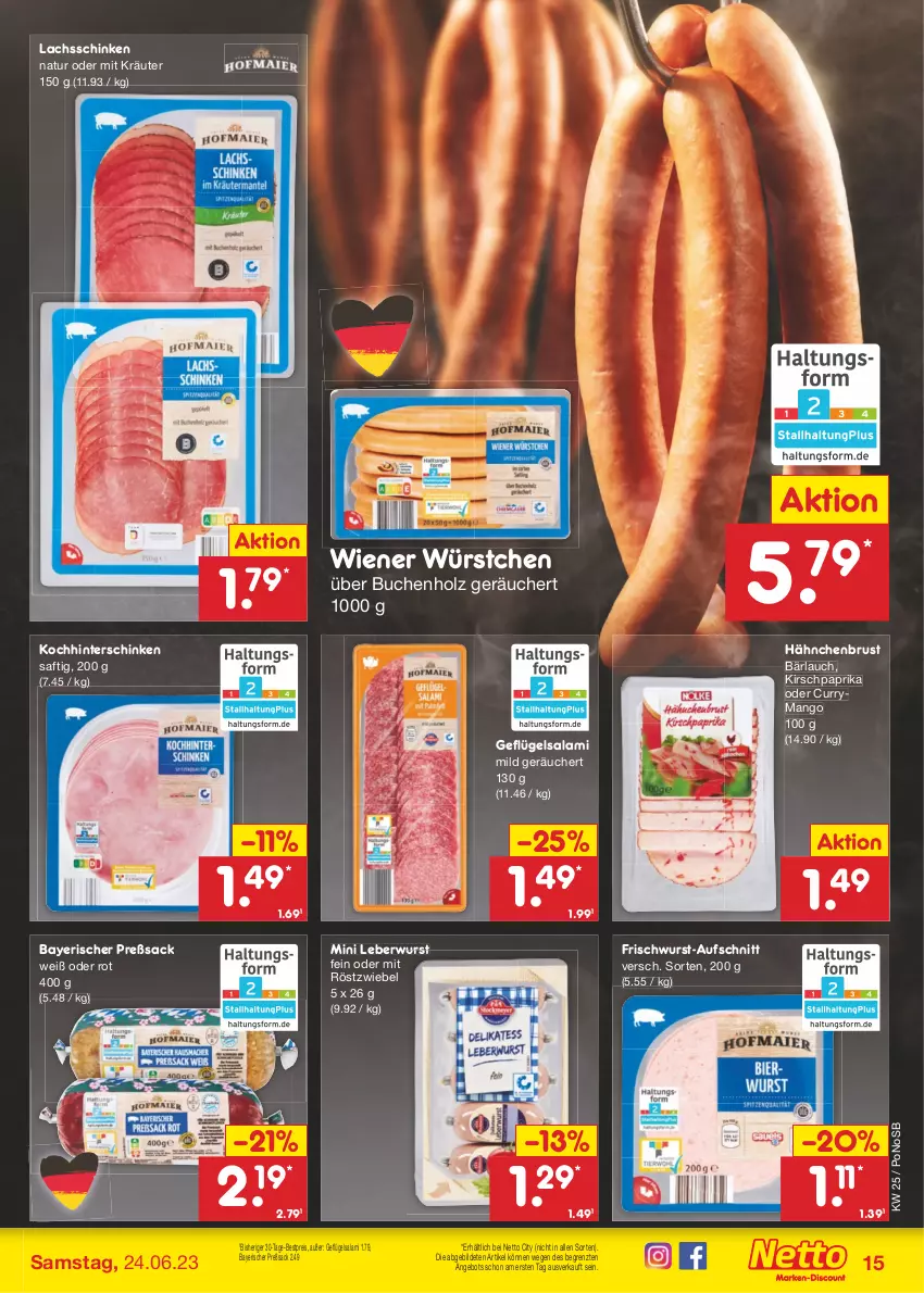 Aktueller Prospekt Netto Marken-Discount - Filial-Angebote - von 19.06 bis 24.06.2023 - strona 15 - produkty: angebot, aufschnitt, bestpreis, buch, curry, eis, frischwurst-aufschnitt, Geflügel, hähnchenbrust, hinterschinken, Holz, HP, kirsch, kräuter, lachs, lachsschinken, leberwurst, mango, natur, paprika, reis, sac, saft, salami, schinken, Ti, wiener, wiener würstchen, wurst, würstchen, ZTE, zwiebel