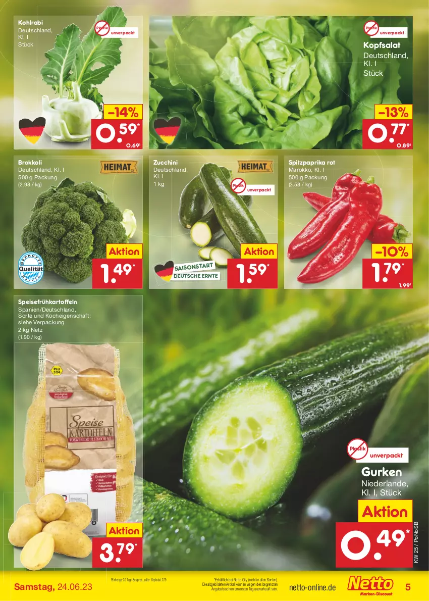 Aktueller Prospekt Netto Marken-Discount - Filial-Angebote - von 19.06 bis 24.06.2023 - strona 5 - produkty: angebot, asti, bestpreis, brokkoli, eis, Frühkartoffeln, gurke, gurken, kartoffel, kartoffeln, kohlrabi, kopfsalat, paprika, paprika rot, reis, salat, speisefrühkartoffeln, Spitzpaprika, Ti, ZTE, zucchini