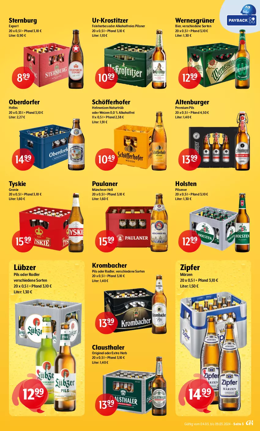 Aktueller Prospekt Getraenke Hoffmann - Prospekte - von 04.03 bis 09.03.2024 - strona 5 - produkty: alkohol, altenburger, aust, bier, burger, clausthaler, elle, gin, Hefe, hefeweizen, holsten, holsten pilsener, krombache, krombacher, krombacher pils, Lübzer, natur, oder radler, Paula, paulaner, pils, pilsener, pilsner, premium pils, radler, schöfferhofer, Sternburg, Ti, tyskie, Zipfer