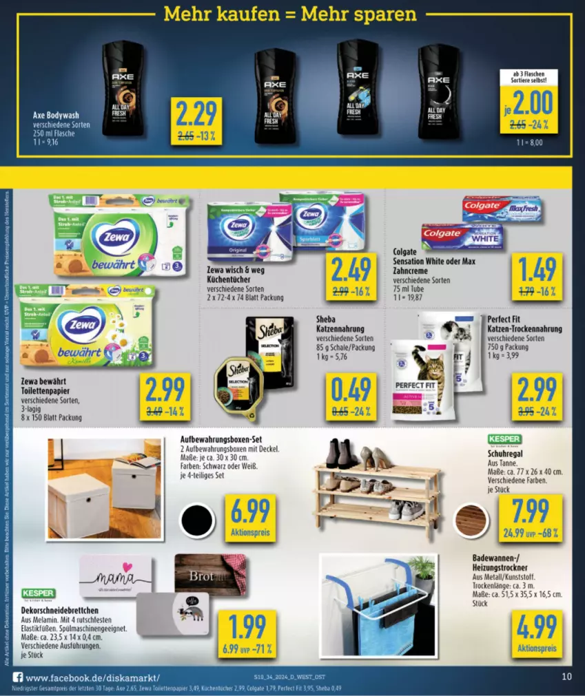 Aktueller Prospekt Diska - von 12.08 bis 17.08.2024 - strona 10 - produkty: aktionspreis, asti, aufbewahrungsbox, axe, Bad, Badewanne, body, Brettchen, colgate, creme, decke, Deckel, eis, flasche, katzennahrung, küche, kuchen, Küchen, küchentücher, LG, papier, Perfect Fit, regal, reis, Schal, Schale, schneidebrett, schuhregal, sheba, spülmaschinen, Ti, Tiere, toilettenpapier, Trockennahrung, Trockner, tücher, uhr, Wanne, zewa, ZTE