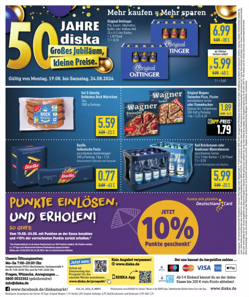 Aktueller Prospekt Diska - von 12.08 bis 17.08.2024 - strona 12 - produkty: aktionspreis, Alwa, angebot, angebote, auer, Bad, deka, eis, elsässer art, ente, erde, gin, italienische pasta, Kette, mineralwasser, nuss, oettinger, original wagner, pasta, reis, sac, tee, Ti, Tiere, uhr, wagner, wasser, ZTE