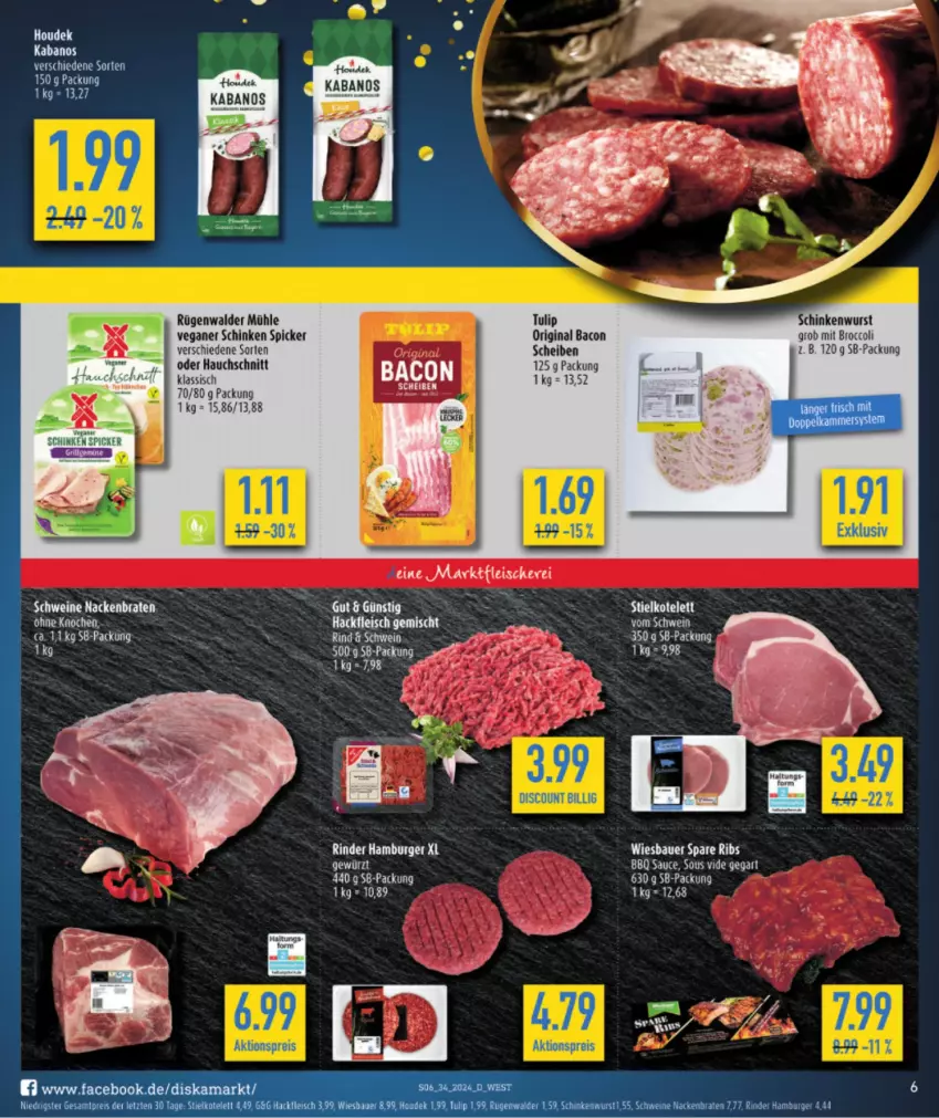 Aktueller Prospekt Diska - von 12.08 bis 17.08.2024 - strona 6 - produkty: auer, bacon, Bau, Bauer, braten, broccoli, discount, gewürz, gin, houdek, kabanos, kotelett, rind, rügenwalder, rügenwalder mühle, sauce, schinken, schinken spicker, schinkenwurst, schwein, schweine, spare ribs, ssd, tee, Ti, tulip, wein, weine, wiesbauer, wurst