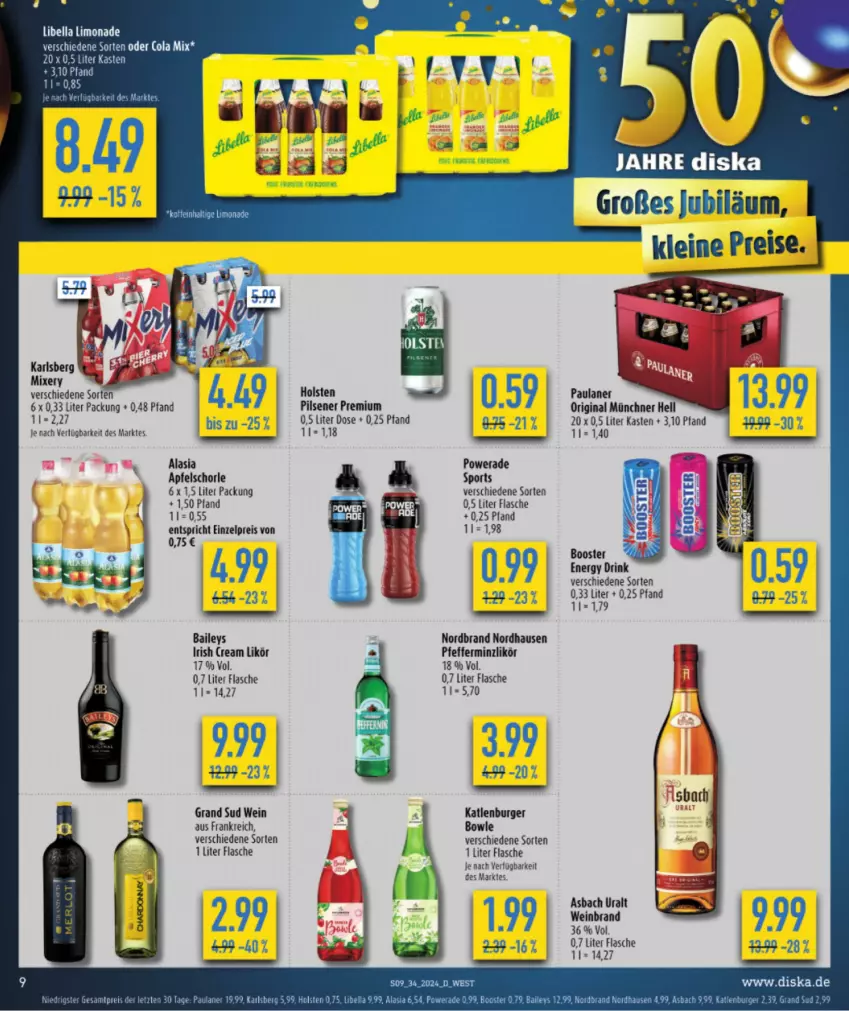 Aktueller Prospekt Diska - von 12.08 bis 17.08.2024 - strona 9 - produkty: apfel, Apfelschorle, asbach uralt, baileys, bowle, burger, drink, eis, energy drink, flasche, gin, grand sud, irish cream, karlsberg, katlenburger, leine, likör, limo, limonade, Mixer, mixery, nordbrand, Paula, paulaner, pfeffer, pfefferminzlikör, pils, pilsener, reis, schorle, Sport, tee, Ti, wein, weinbrand