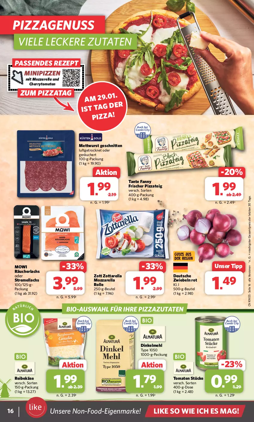 Aktueller Prospekt Combi - Prospekte - von 29.01 bis 03.02.2024 - strona 16 - produkty: beutel, bio, cherrytomaten, dinkelmehl, eis, Käse, lachs, mehl, Mett, mettwurst, mozzarella, mozzarella rolle, nuss, pizza, Pizzateig, Räucherlachs, Reibekäse, reis, rel, rezept, schnitten, tante fanny, Ti, tomate, tomaten, wurst, zott, zottarella, ZTE, zwiebel, zwiebeln