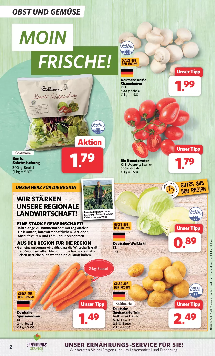 Aktueller Prospekt Combi - Prospekte - von 29.01 bis 03.02.2024 - strona 2 - produkty: beutel, bio, champignon, champignons, eis, Elan, Faktu, kartoffel, kartoffeln, kraft, lebensmittel, möhren, obst, Obst und Gemüse, reis, rel, Romatomaten, salat, Schal, Schale, speisekartoffeln, speisemöhren, Ti, tomate, tomaten, und gemüse, Weißkohl, ZTE